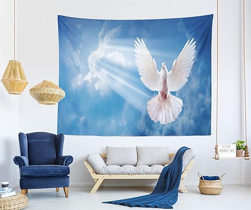 Miniatura 3 de Loccor Tapiz de Jesucristo con luz santa irradia, cielo azul, nubes blancas, palomas, para colgar en la pared, tapiz conmemorativo religioso,