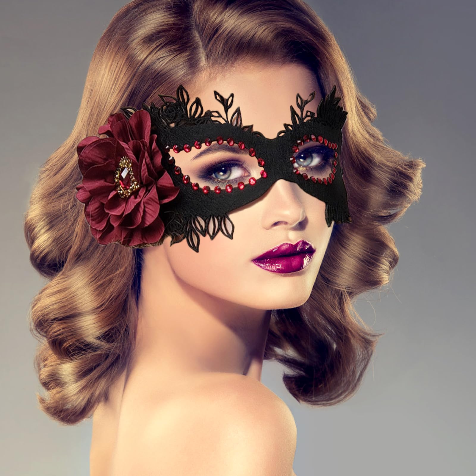 Cosysparks Vintage Masquerade Mask for Women Felt Masquerade Mask Costume Black Halloween Mask with Red Flower 1920s Mardi Gras Party Mask Ball Mask for Cosplay