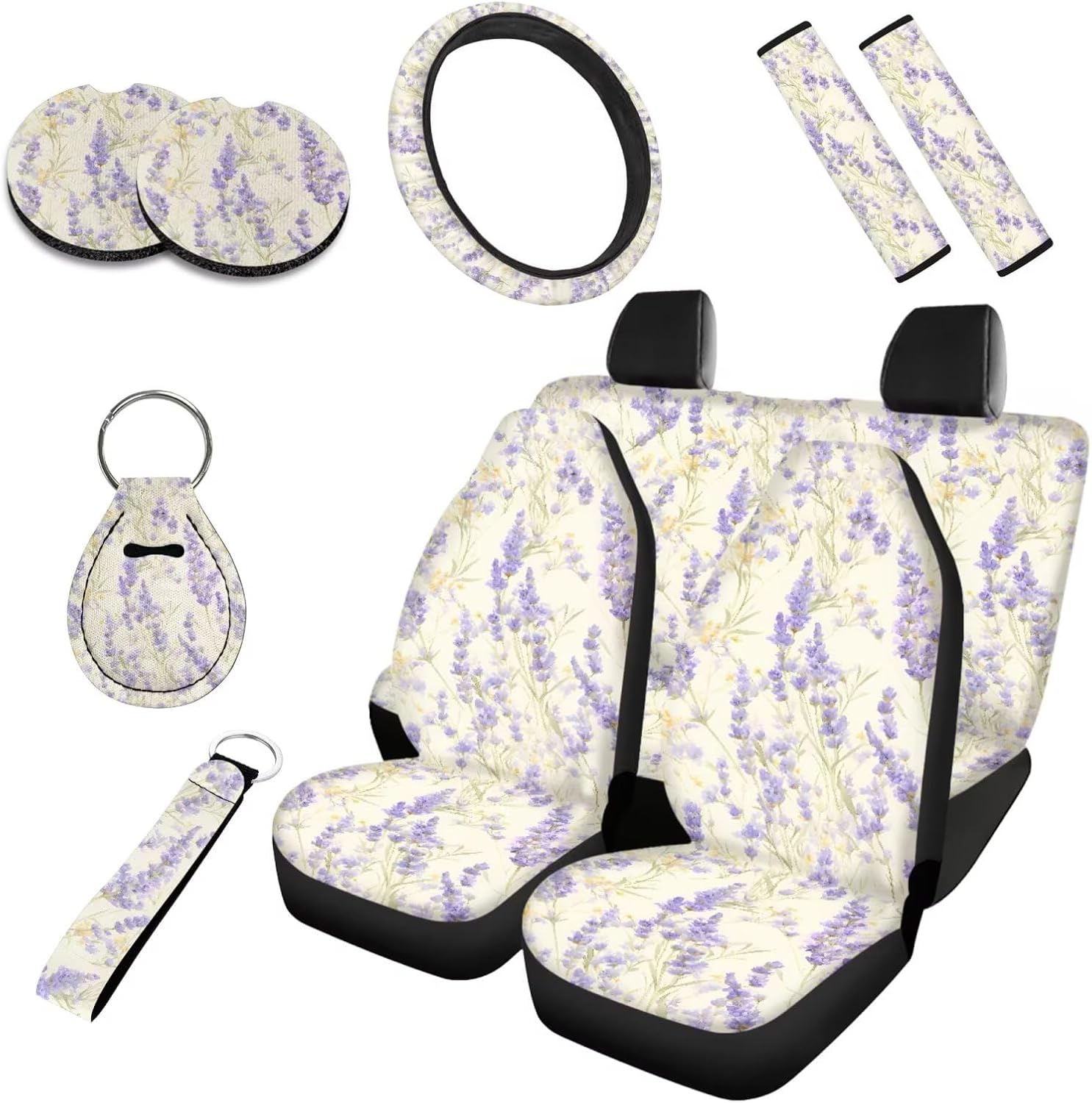 Lavender 10 Pieces Car Seat Cover Full Set for Women, Wildflower Field Steering Wheel Cover Seat Cover, Country Floral Full Set Seat Belt Shoulder Pad
