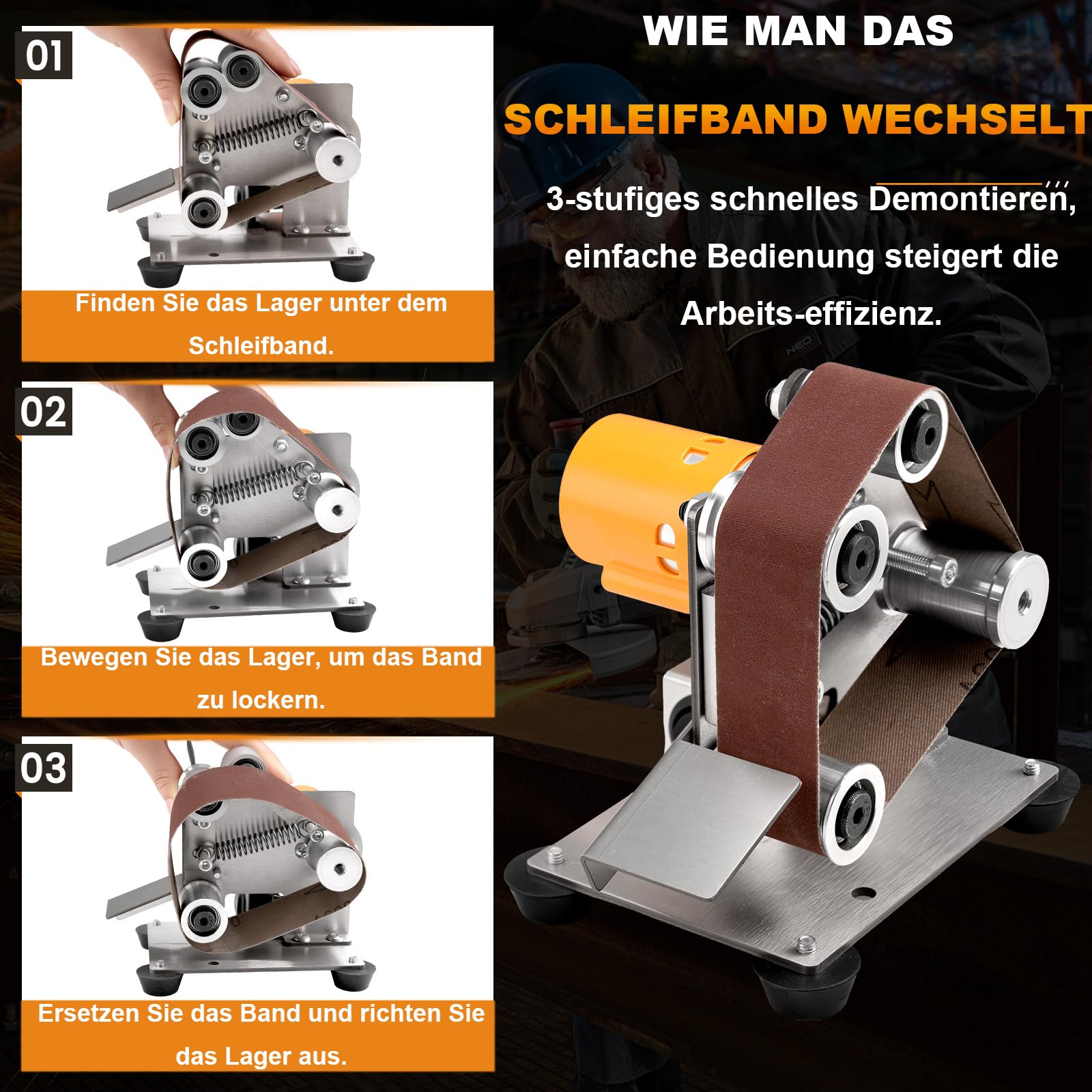 Mini-Bandschleifer-Set – 3-in-1, Geräuscharm, 7-stufige Geschwindigkeitsregelung | Schleifen & Polieren für DIY, Holz & Metall(100 x 120 x 130 mm)