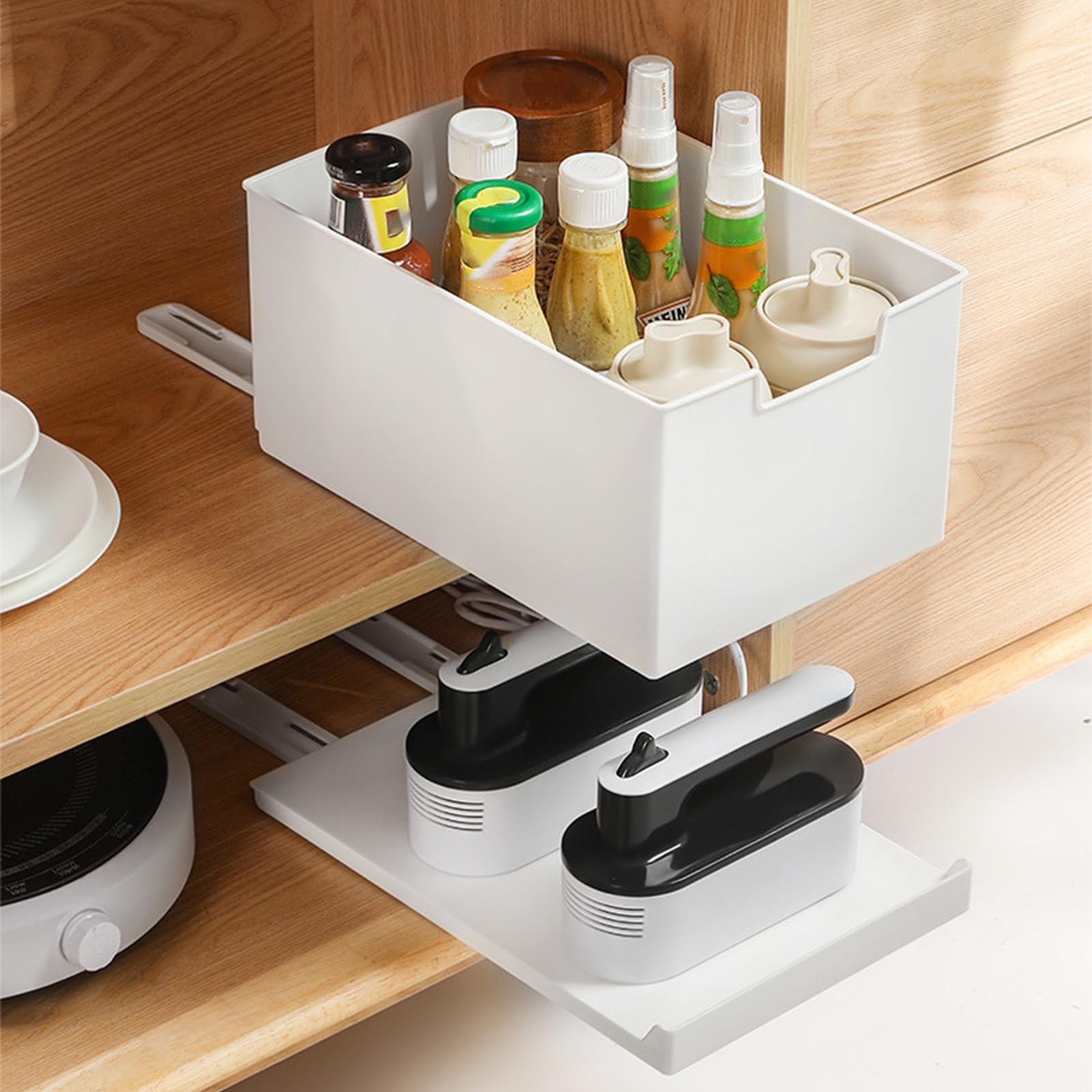 Organizzatore per scaffali da cucina - Scaffale organizer per armadietti | cassetti scorrevoli | ripiani rimovibili, organizer per pentole e padelle, ripiani scorrevoli per dispensa