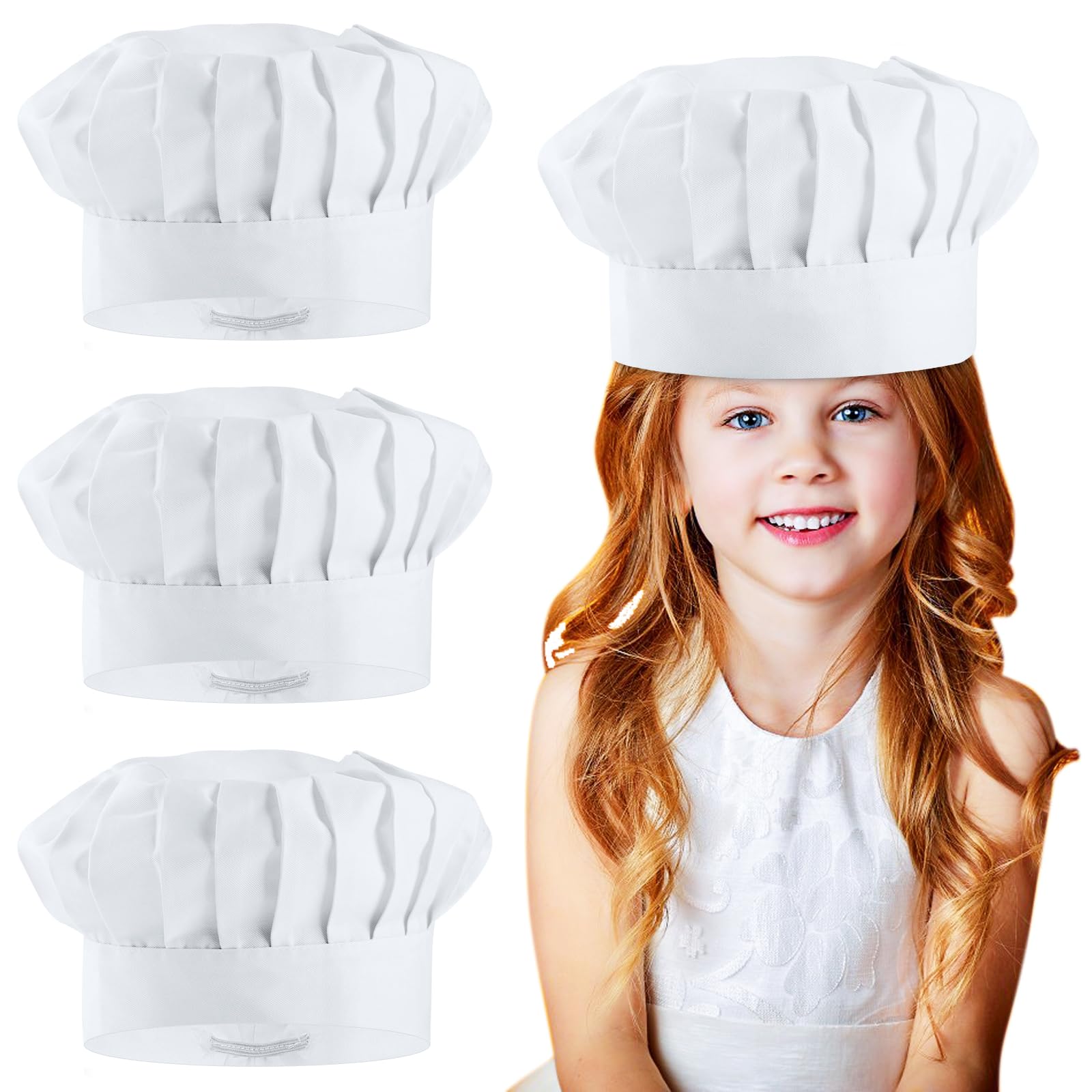 Toques de cuisinier pour enfants, lot de 3, blanches, coton élastique, réglables