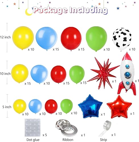 Miniatura 3 de Kit de arco de guirnalda de globos inspirados en juguetes de 162 piezas, rojo, azul, amarillo, verde, vaca, niño, estrella, cohete, estrella