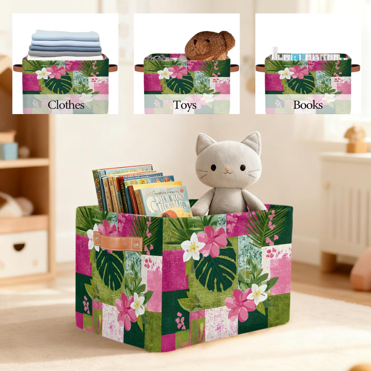Rechteckiger Aufbewahrungskorb mit tropischen Hibiskus- und Plumeria-Blättern, mit Ledergriffen, faltbarer Stoff-Aufbewahrungskorb für Schrank, Badezimmer, Wohnzimmer, Büro, Spielzeug, Organizer