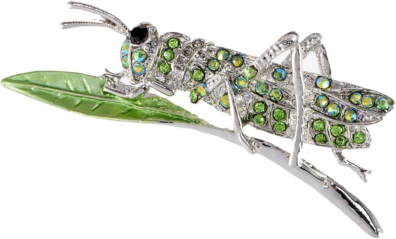 Alilang Synthetic Peridot Green Rhinestone Crystal Insect Grasshopper Locust Leaf Big Pin Brooch
