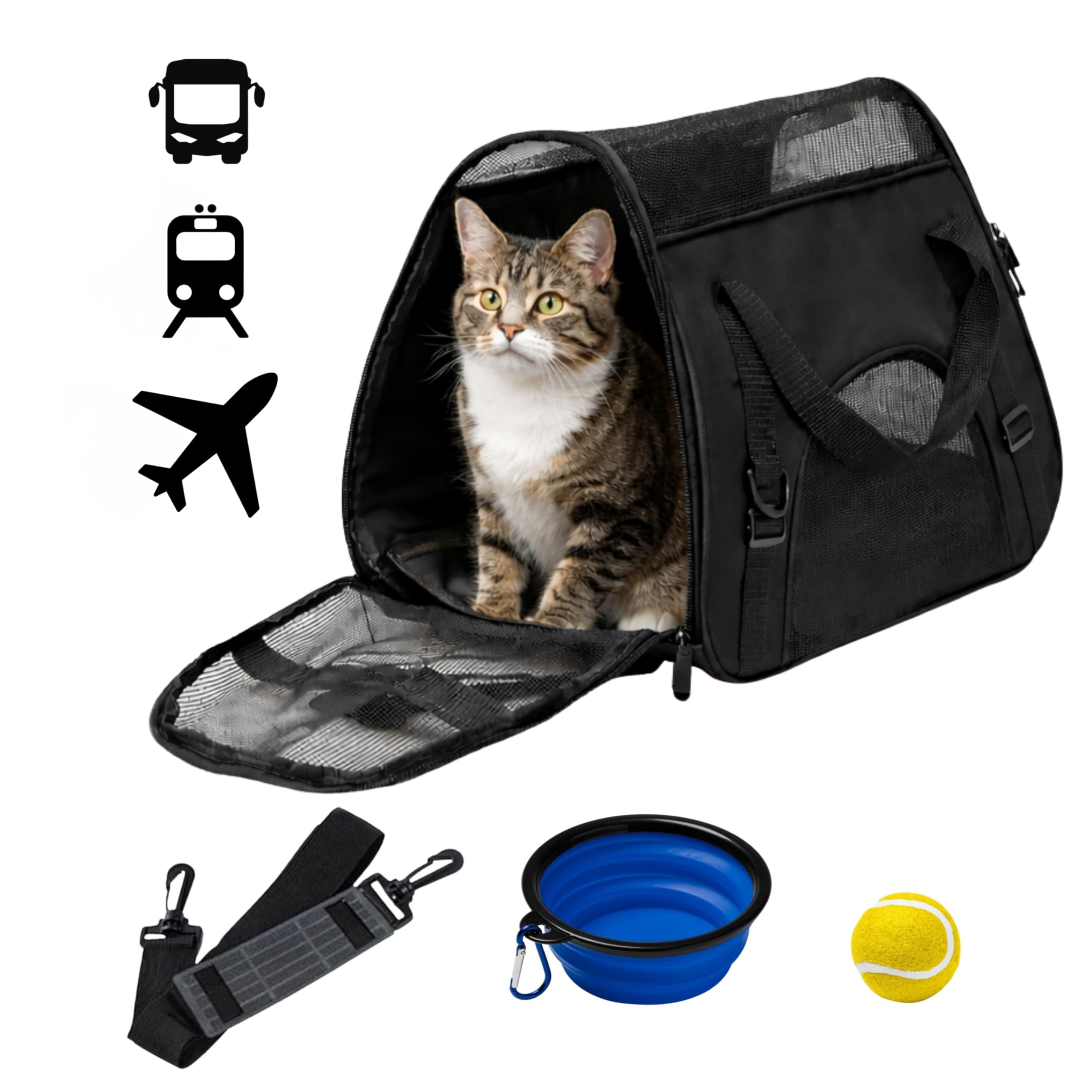 Transportin Gato | Transportin Perro Pequeño | Bebedero de Viaje + Pelota | Bolsa de Transporte Transpirable | Plegable y facil de Transportar | Apto para Avion | Color Negro