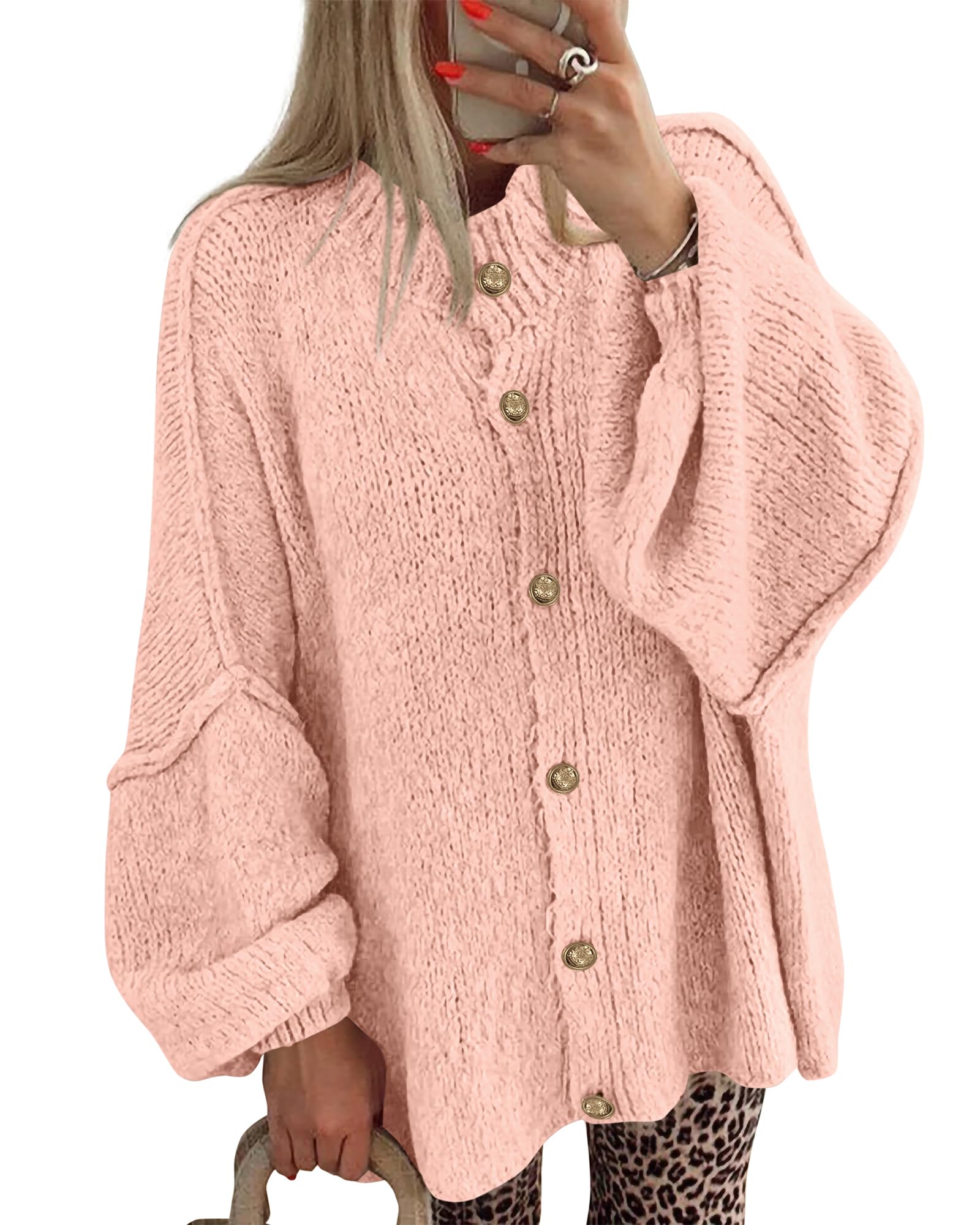 BTFBM Cardigan Sweaters for Women 2026 Fall Clothes Lantern Long Sleeve Button Open Front Chunky Knit Oversized Sweater