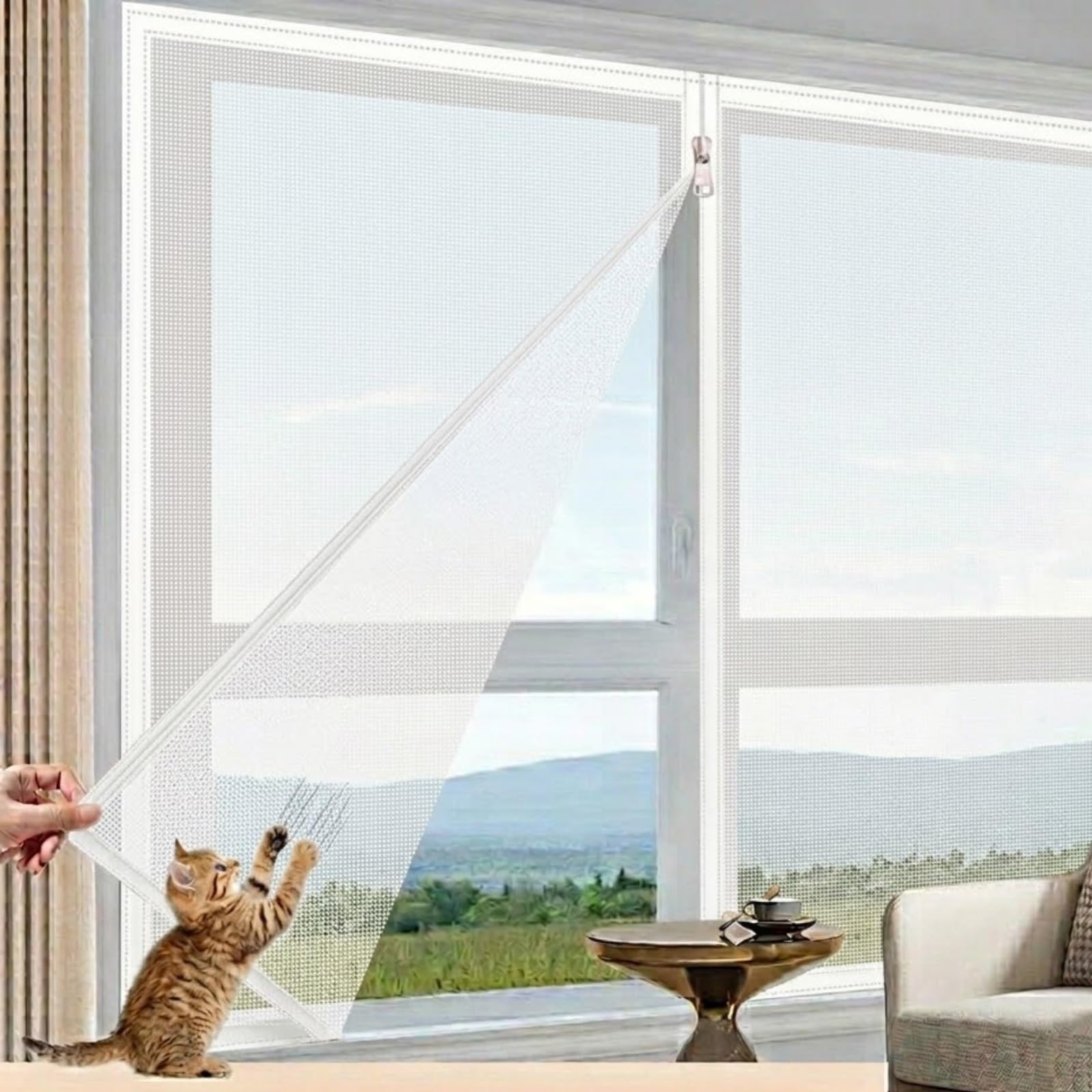 Fiberglass Mesh Window Screen Zipper Version Hook Loop, Cat Scratch Resistant Washable Mesh Curtain for Pets Caravan Bedroom Kitchen, Air Flow Friendly Self-Adhesive Screen(White,60x100cm)
