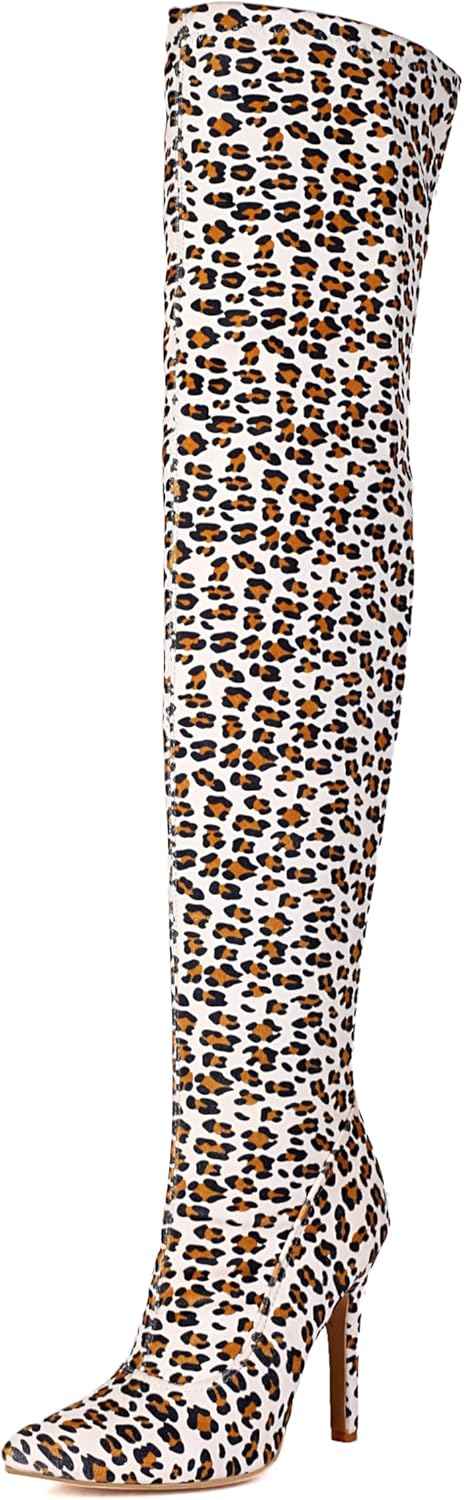 Leopard Over The Knee Boots for Women Stiletto Heel Suede Boots
