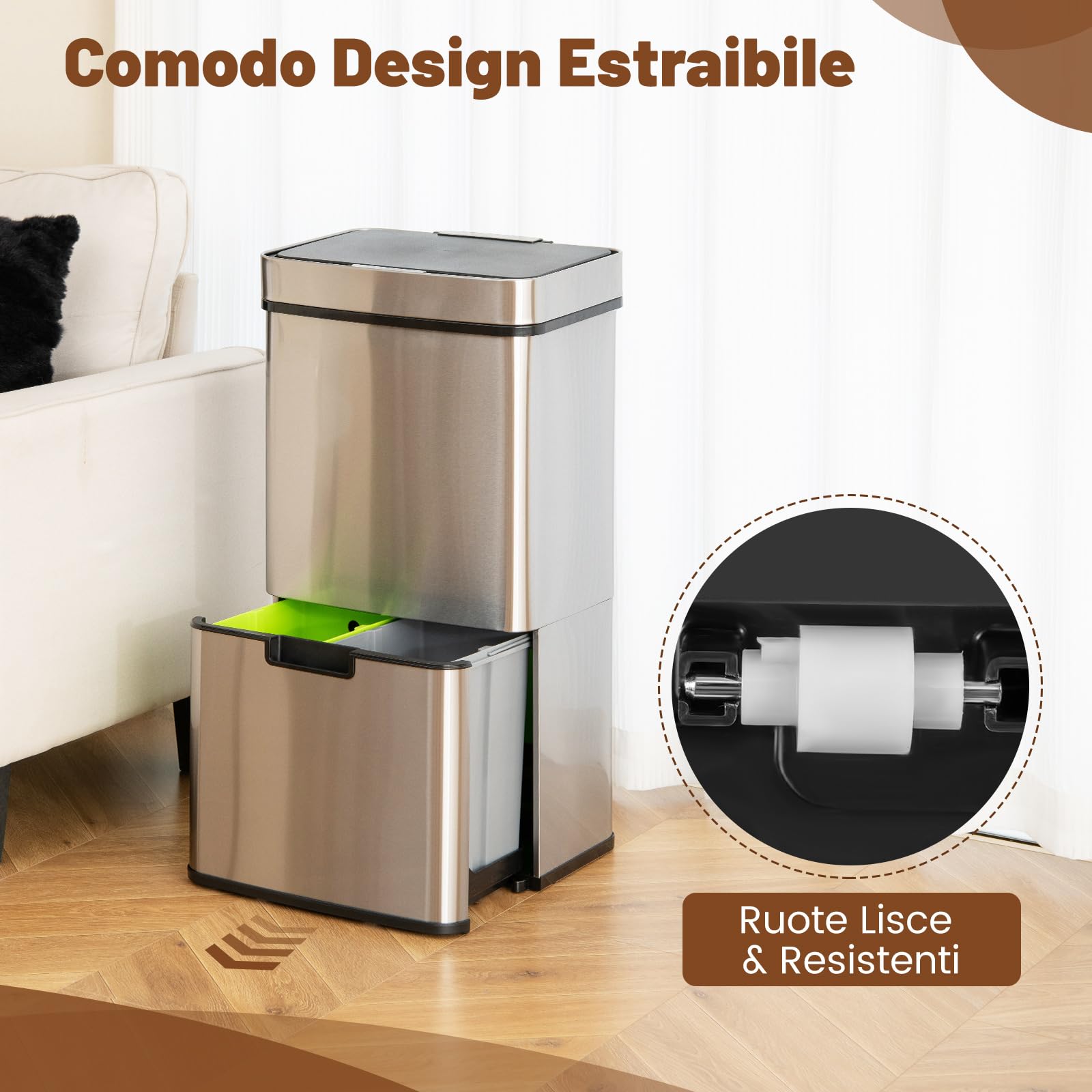 COSTWAY 72L Pattumiera Differenziata, Bidone della Spazzatura in Acciaio Inox con 3 Scomparti e Sensore di Movimento, Coperchio a Chiusura Morbida, Ideale per Casa Ufficio (Argento)