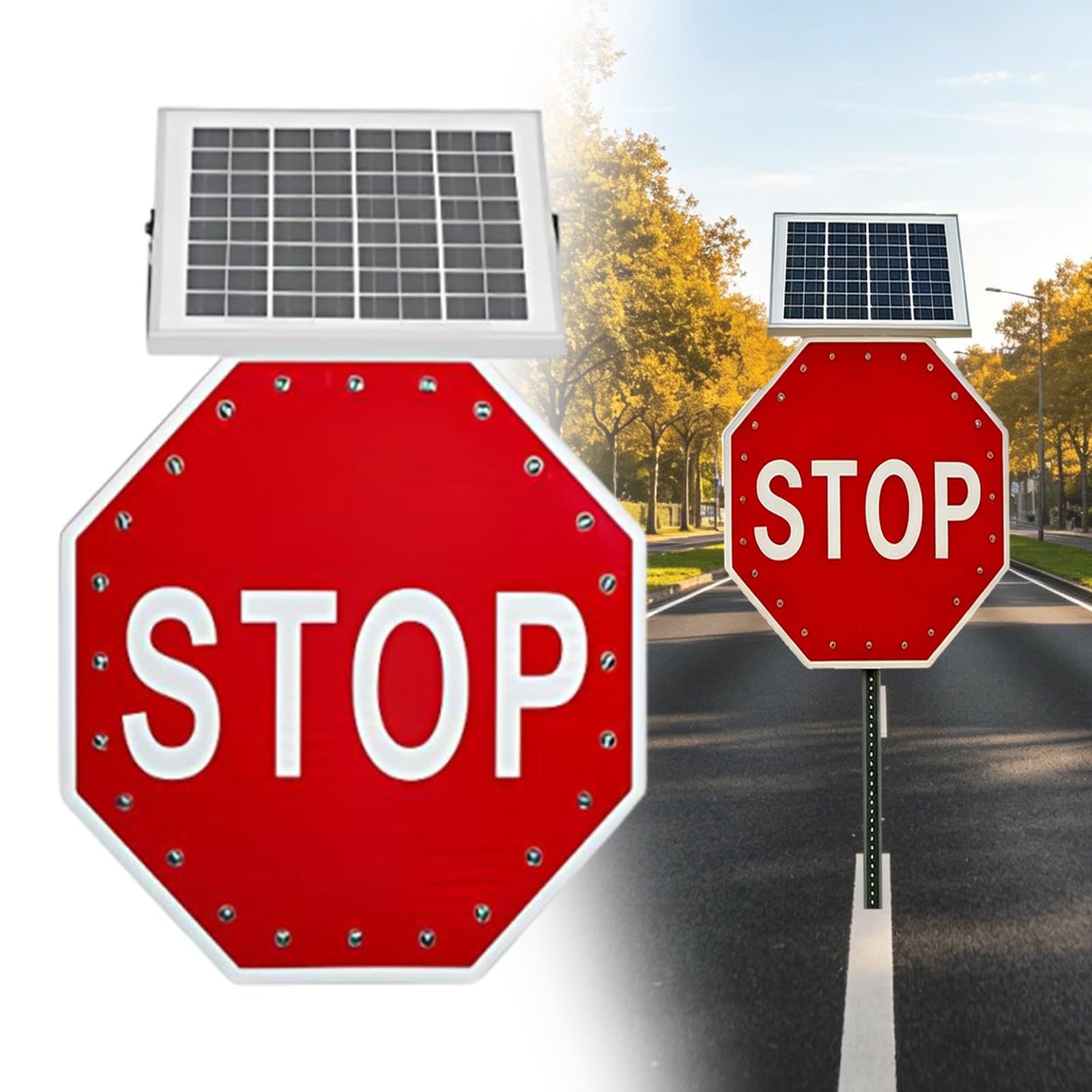 Cartel Stop Solar Intermitente LED, Señal Octogonal Vial Alta Visibilidad, Lámina Reflectante, IP65 Impermeable, para Vías Municipales, Pasos Peatonales y Ciudadanos(30")