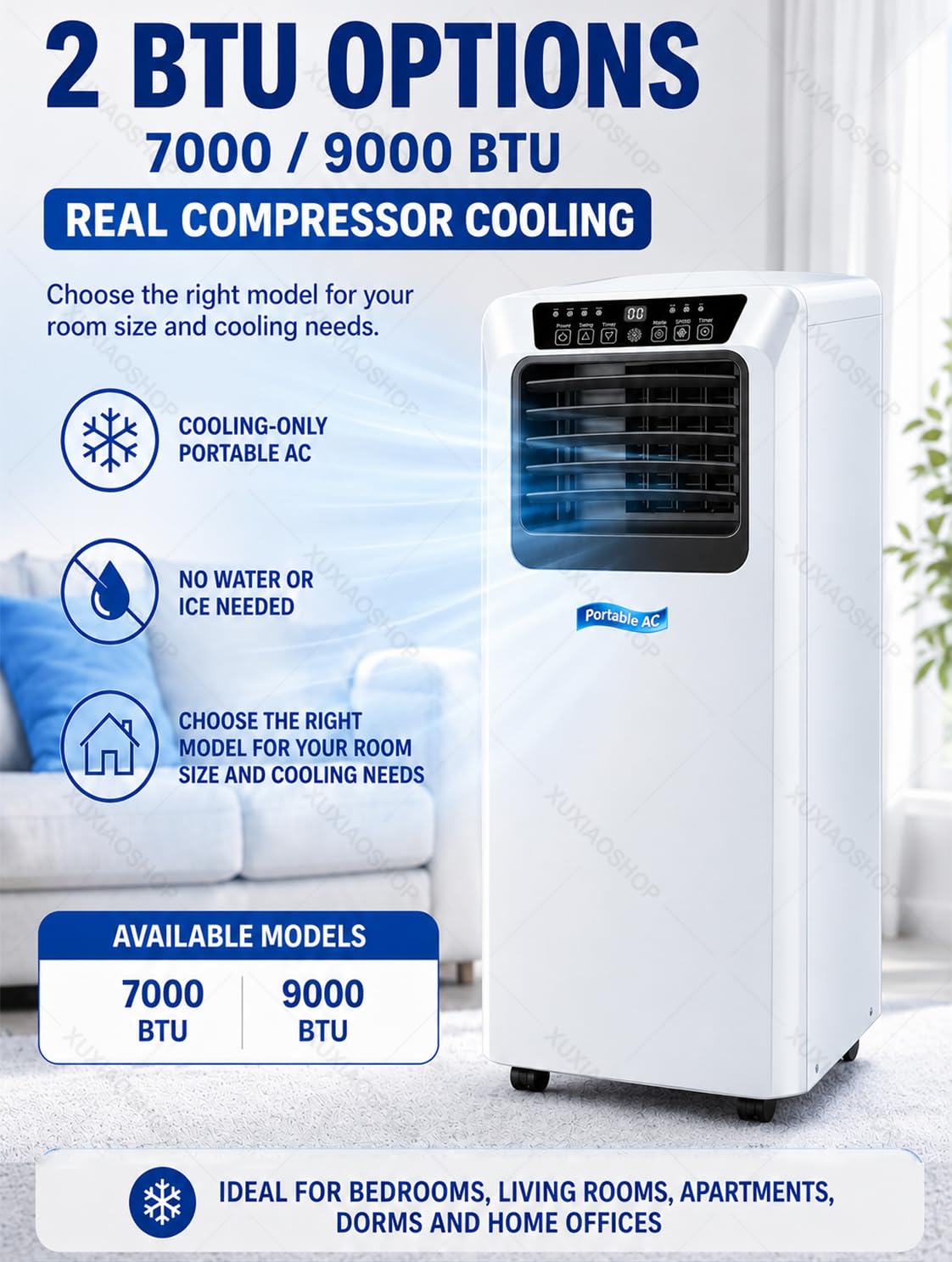 Condizionatore Portatile 3-in-1 con Pannello Touch e 2 Velocità 9000BTU | Raffredda fino a 20/24m² con Telecomando, Timer 24H, Funzionamento Silenzioso, 2 Velocità e Kit di Installazione per Finestre