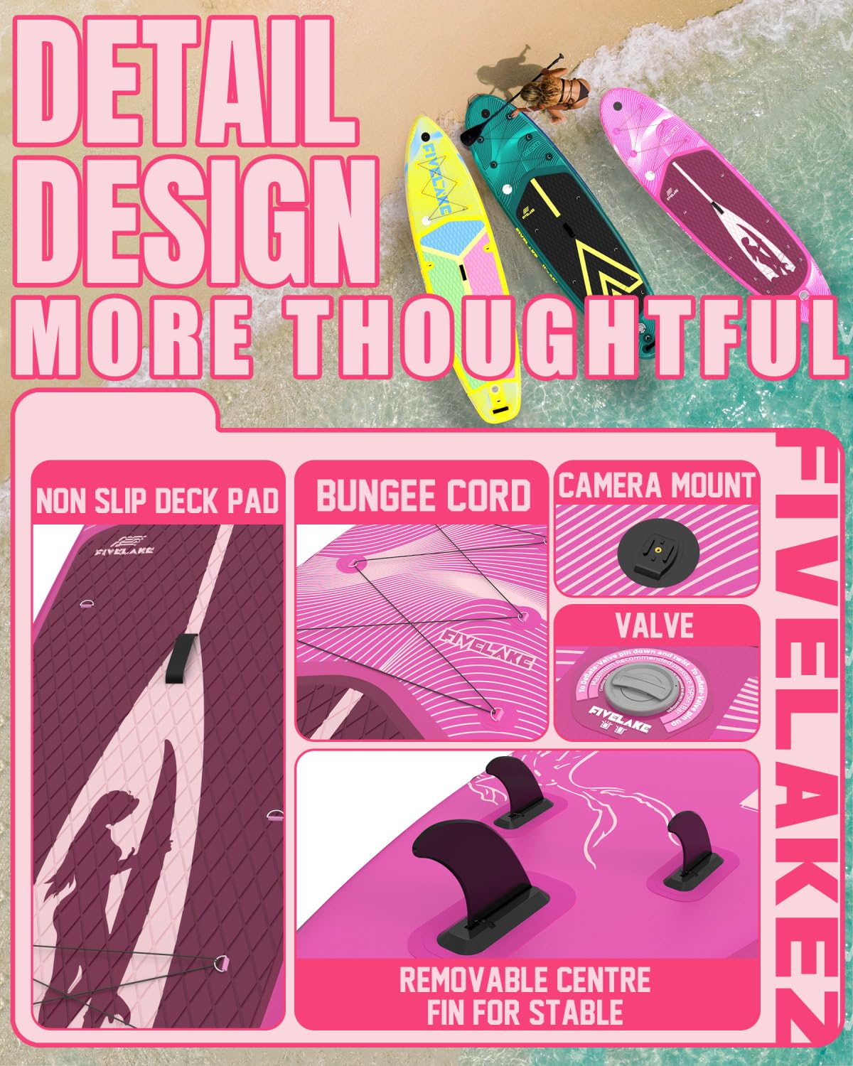 FIVELAKE Tavola gonfiabile per adulti, 335 cm, con accessori per paddleboard SUP, pagaia regolabile, pompa, zaino da viaggio, guinzaglio, borsa impermeabile