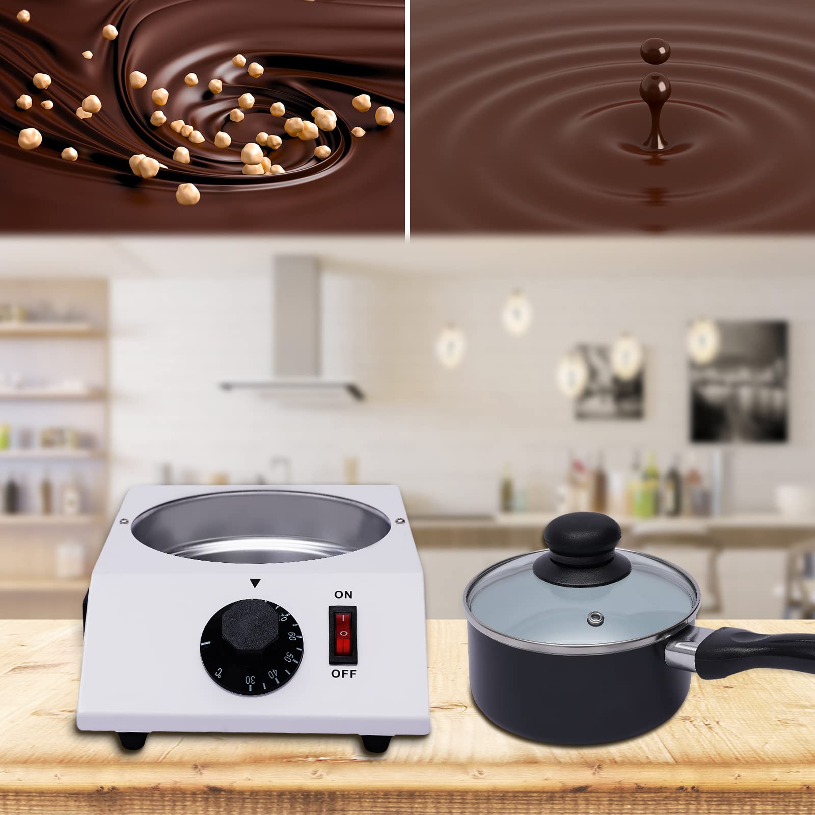 Elektrische Schokoladenschmelzer 40W Temperiergerät mit Keramik-Alu-Topf - Professionelle Kuvertüre Maschine für Schokolade, 1kg Fassungsvermögen, 30-85°C einstellbar für Bäckerei, Café & Haushalt