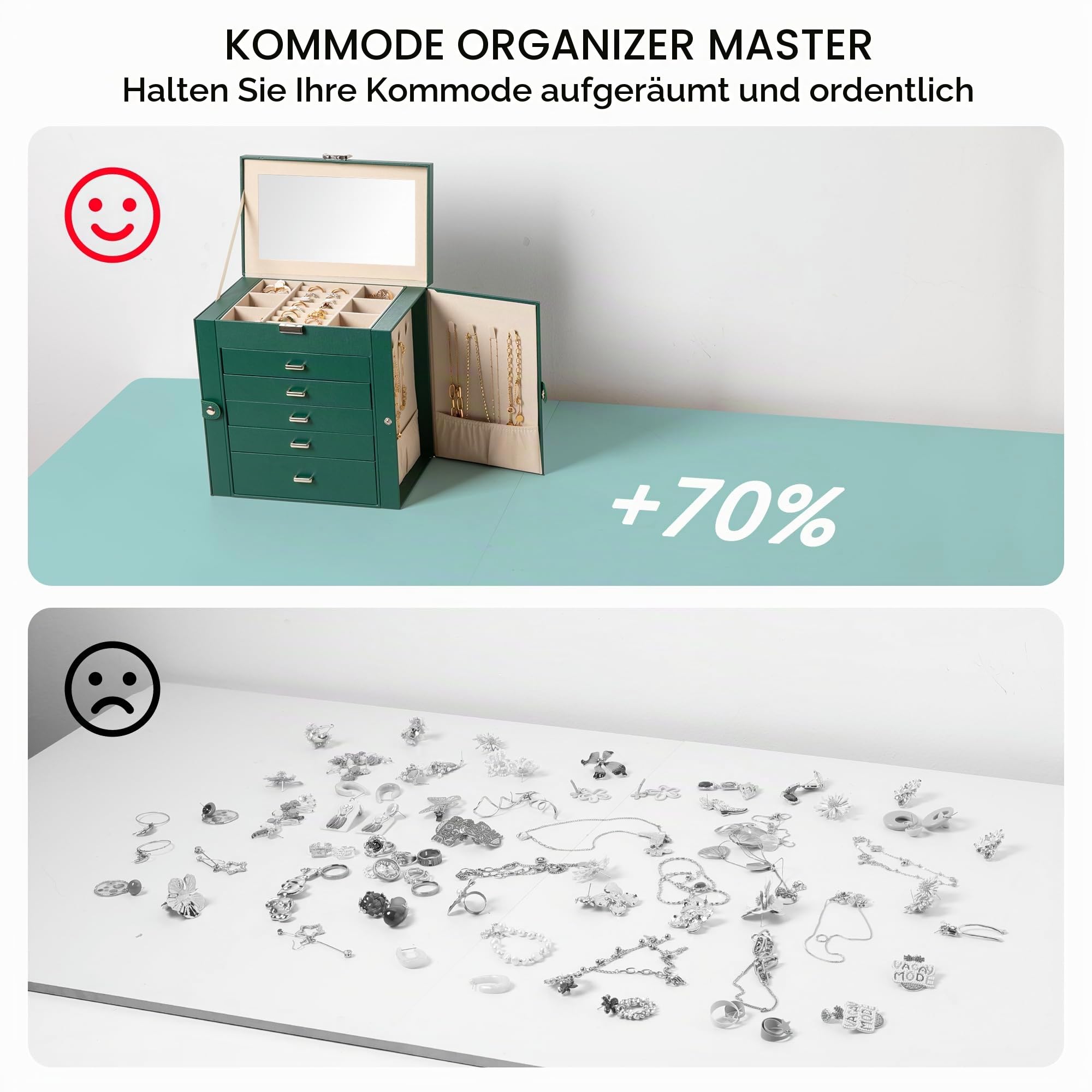 Frebeauty Große Schmuckschatulle, 6-stöckig, PU-Leder, Schmuck-Organizer, multifunktionale Aufbewahrungsbox mit Spiegel, Zubehörhalter mit 5 Schubladen für Halsketten, Armbänder, Uhren (Schwarzgrün)
