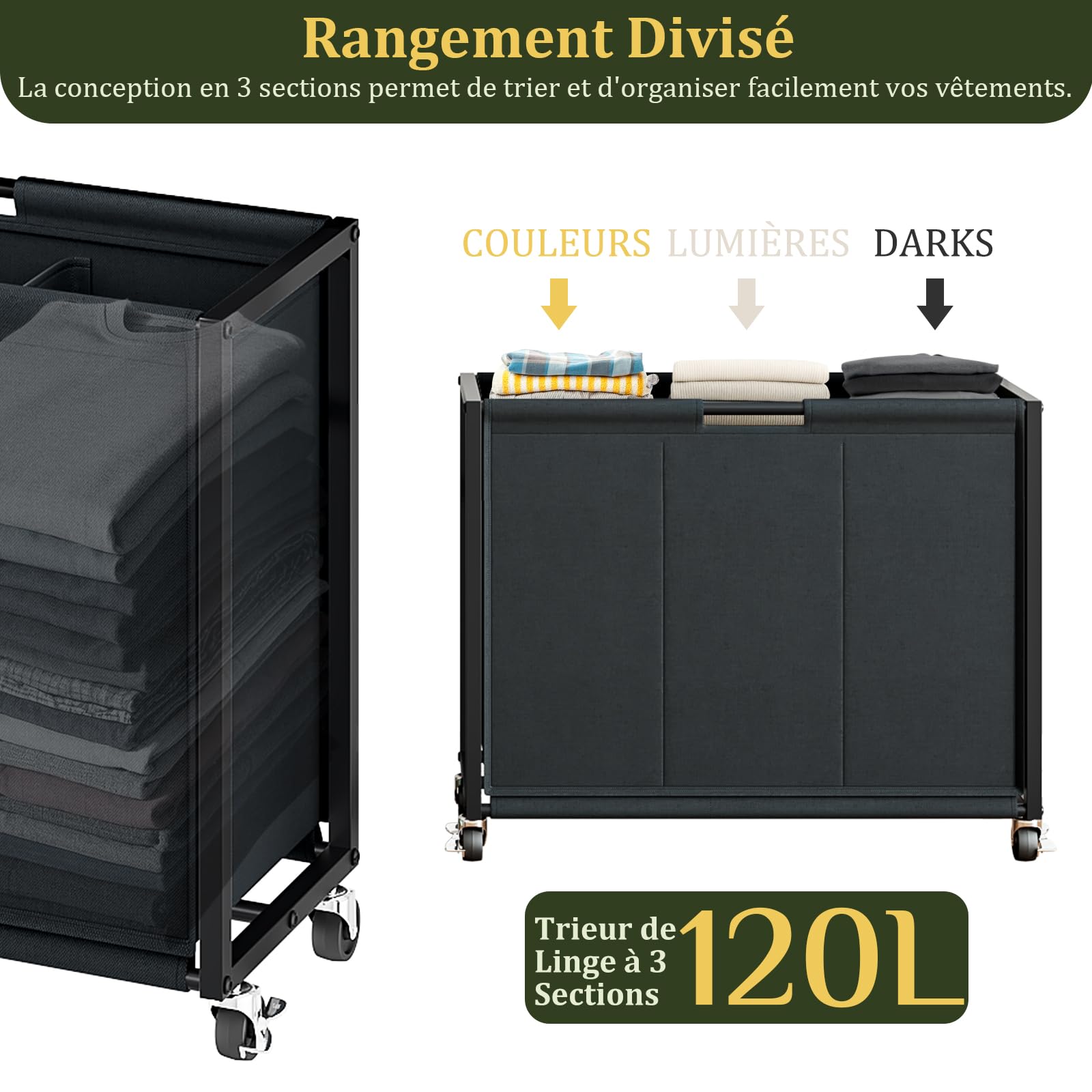 Panier à linge avec étagère et 2 tiroirs en tissu – 3 compartiments en tissu Oxford imperméable avec poignées et roulettes pivotantes, cadre en métal