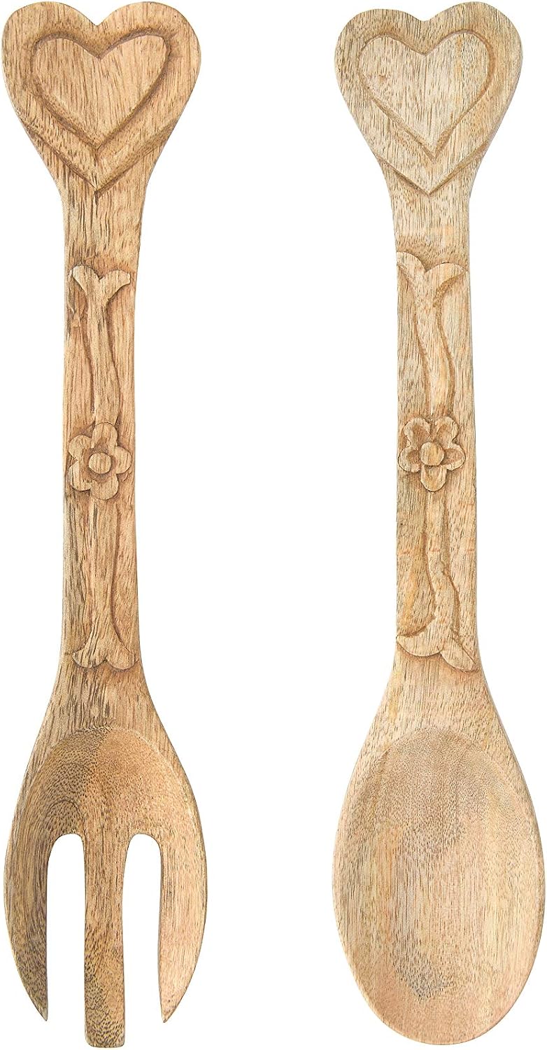 Creative Co-Op Hand-Carved Mango Wood Heart Handles (Set of 2 Pieces) Salad Servers, Brown, 2 Count