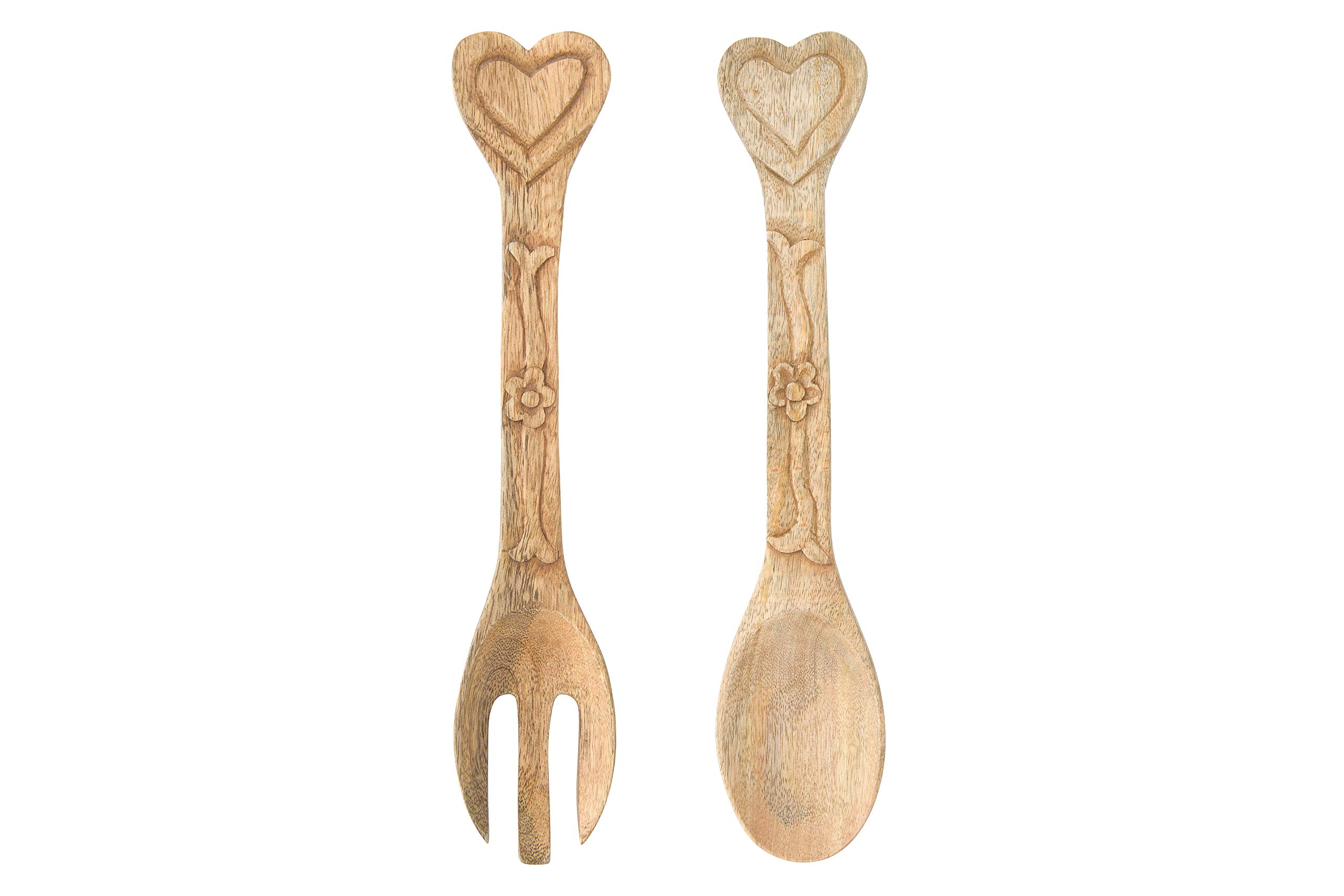 Creative Co-op Hand-Carved Mango Wood Salad Servers with Heart Handles (Set of 2 Pieces) Salatbesteck, Mangoholz, braun