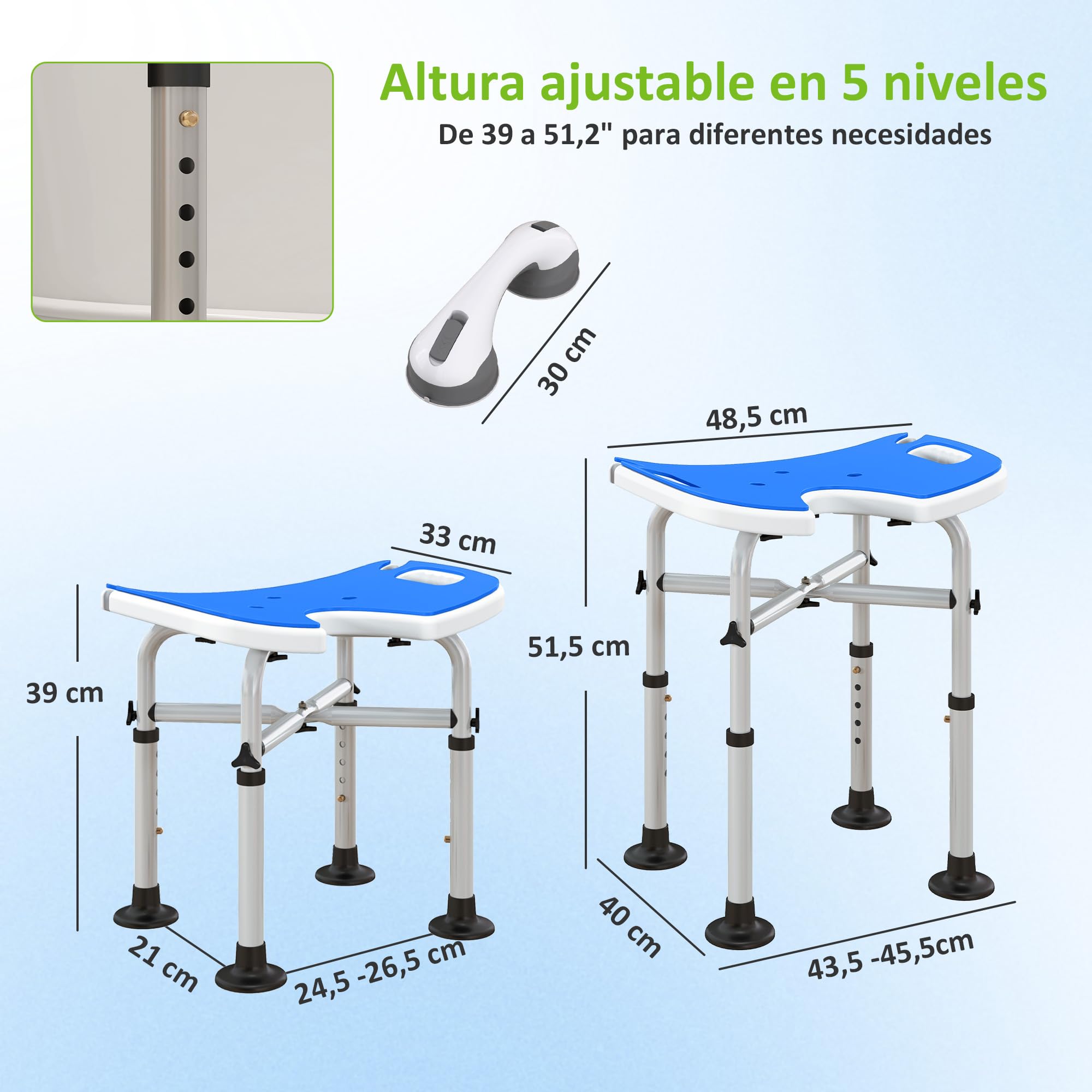 HOMCOM Taburete de Ducha Antideslizante para Personas Mayores 150 kg Azul | Silla para Ducha, Barra de Agarre por Ventosas, Altura Regulable, Asiento en Forma de U