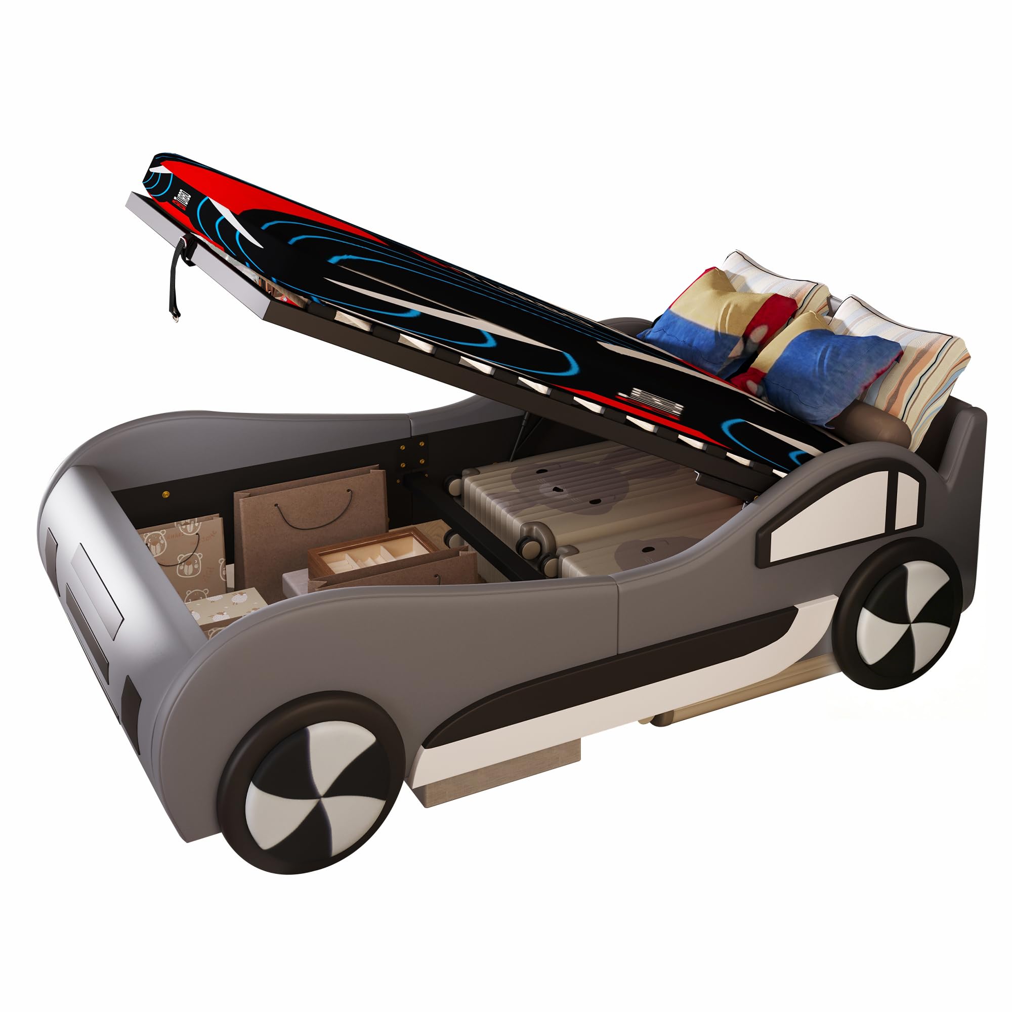 Azkoeesy Cama Coche Tapizada Infantil 90x200 cm, con Somier y Almacenamiento, Barandilla de Protección, Tejido PU, Color Gris