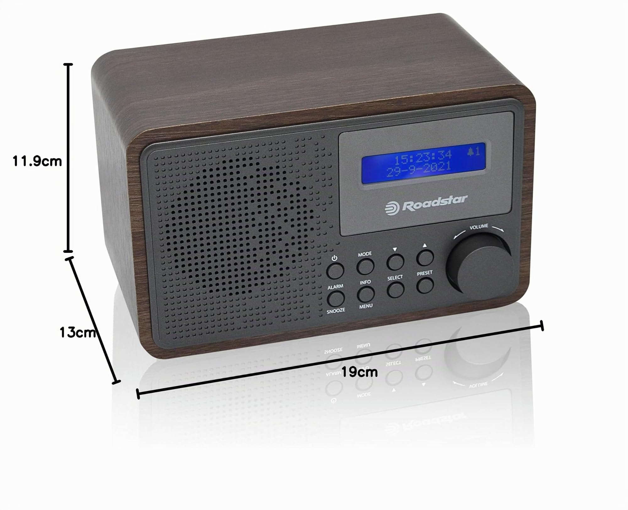 Roadstar HRA-700D+/WD Radio Portátil Vintage Digital Dab/Dab+ / FM Funciona Conectado a la Red o a Pilas, Conexión Auriculares, Radio Retro para Casa y Cocina, Despertador con Alarma Dual, Madera