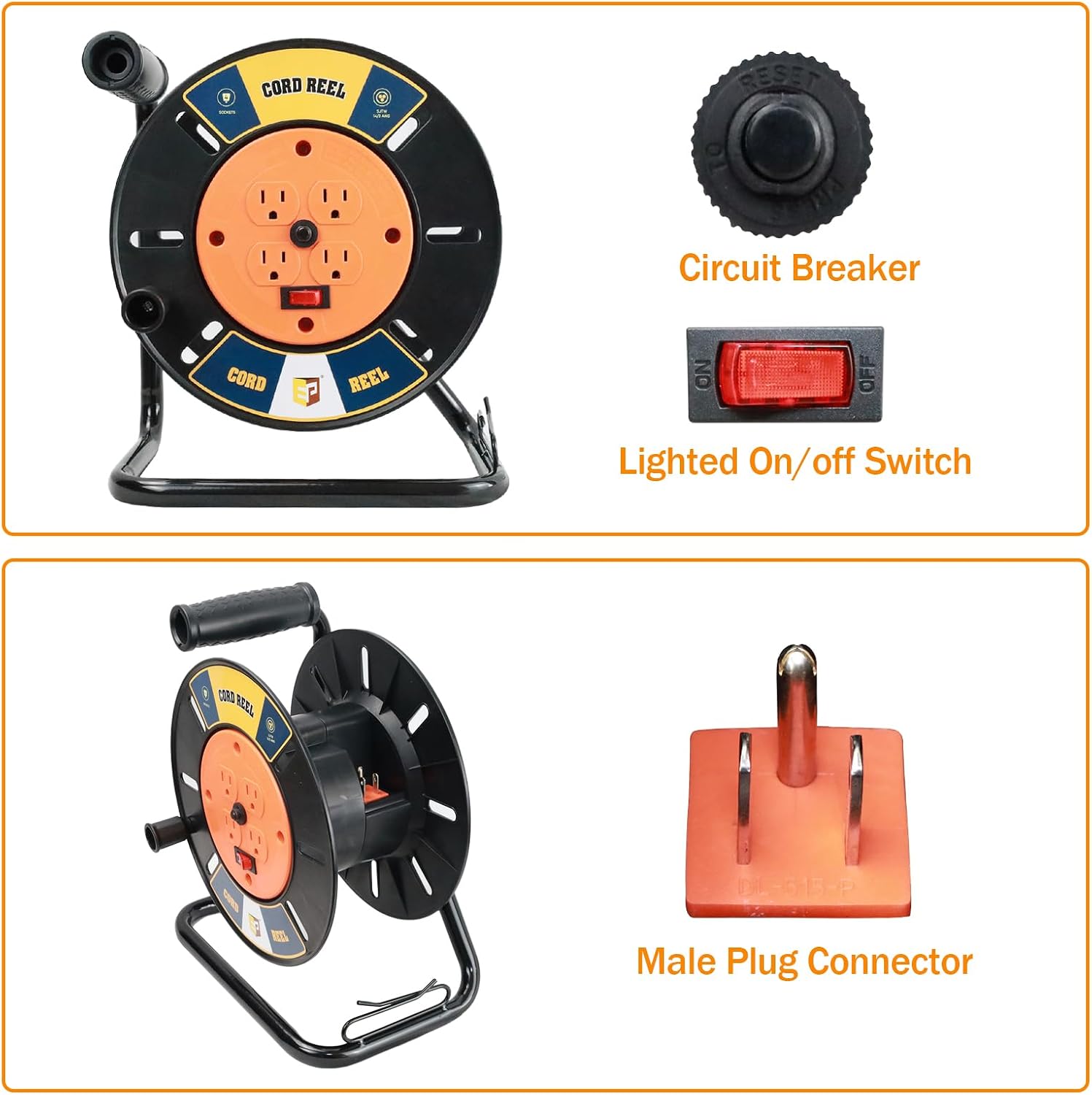 EP Extension Cord Storage Reel with 4-Grounded Outlets, Heavy Duty Open Cord Reel for 12/3 14/3 16/3 Power Cords, Portable Empty Hand Crank Electric Cord Roller Holder, Orange