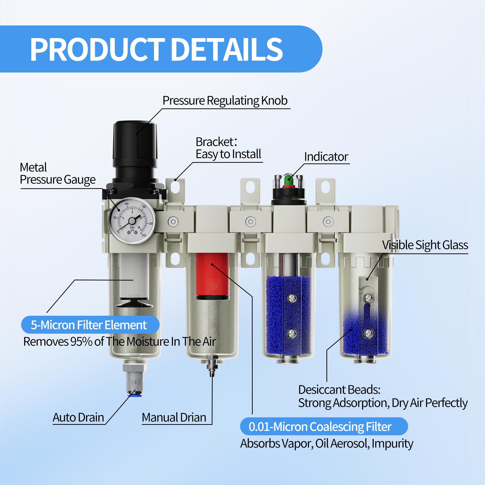 Separador de agua de compresor de aire NPT de 3/4 pulgadas, sistema de secado de aire industrial de 4 etapas para compresor, regulador de filtro de aire de alto flujo, separador de agua de aceite de