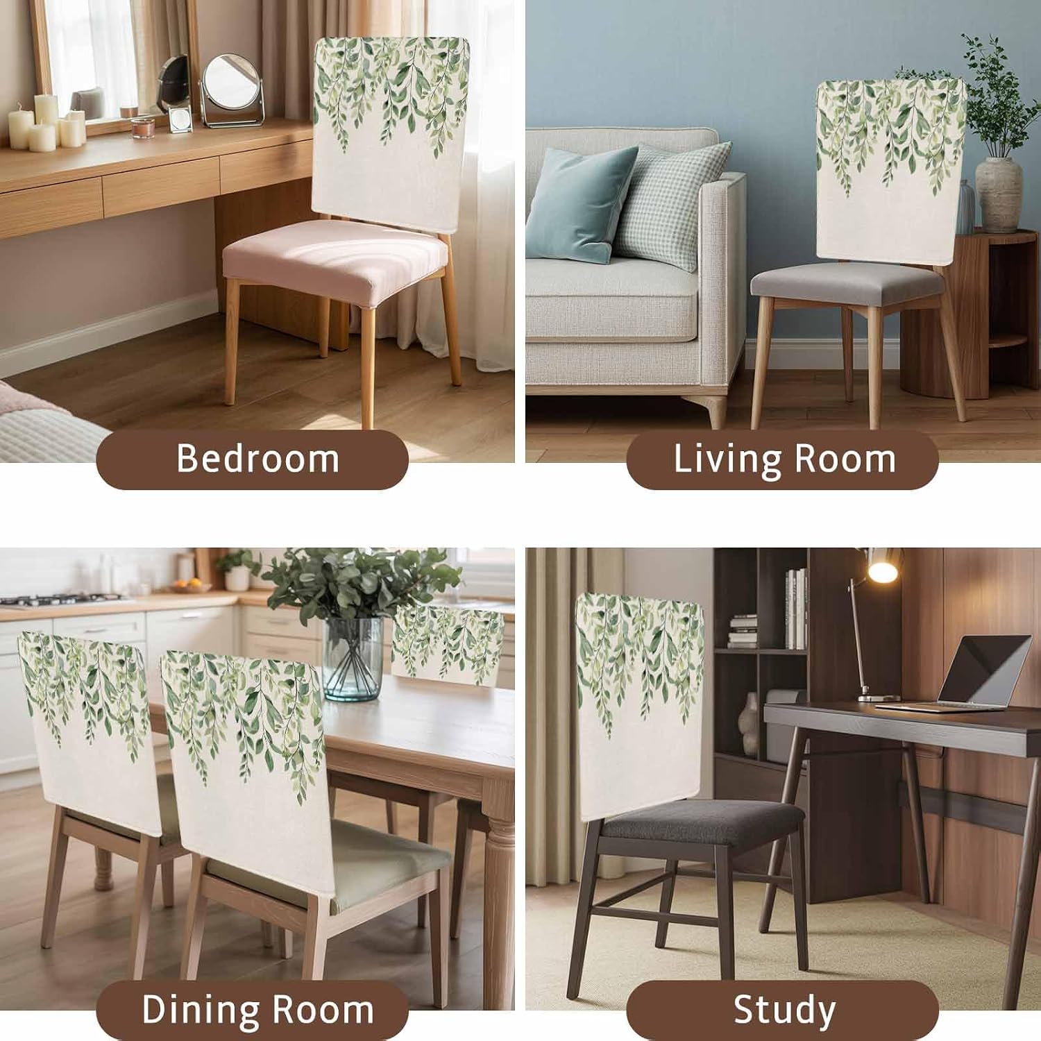 Chair Back Covers for Dining Room Set of 4, Sage Green Leaves Plant Removable Chair Slipcover 20x19in, Spring Botanical Retro Linen Washable Chairs Covers Protector for Kitchen Party Holiday Decor