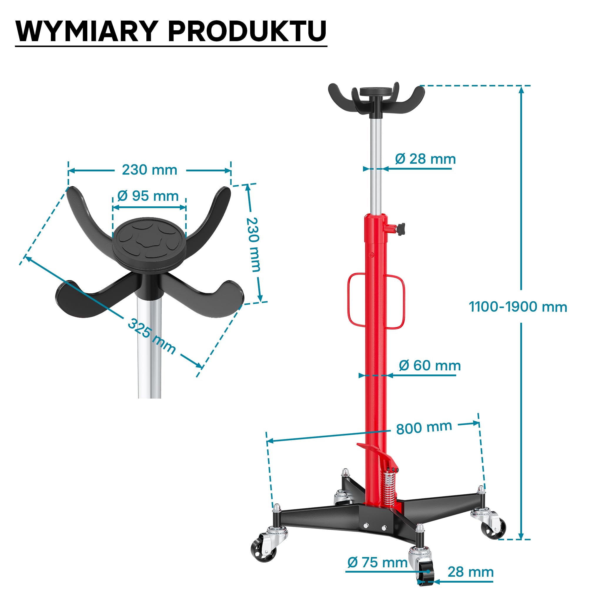 Wiltec Podnośnik do skrzyni biegów do 500 kg nośności i wysokości 110-190 cm, lewarek hydrauliczny na 4 kołach z dociskaczem nożnym