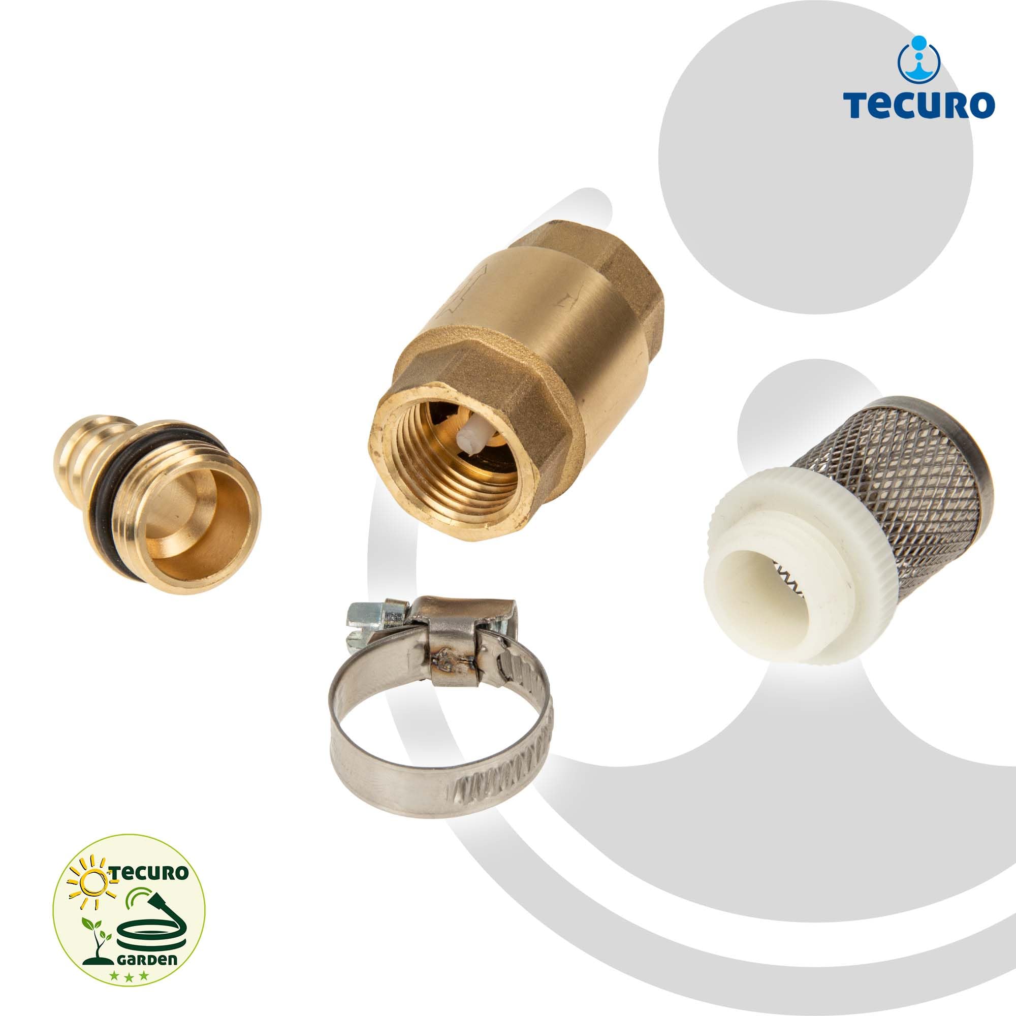 tecuro Zestaw filtrów ssących 1/2 cala – zawór stopowy MS z zaworem zwrotnym, koszem ssącym, tulejką węża i zaciskiem węża – 2760121