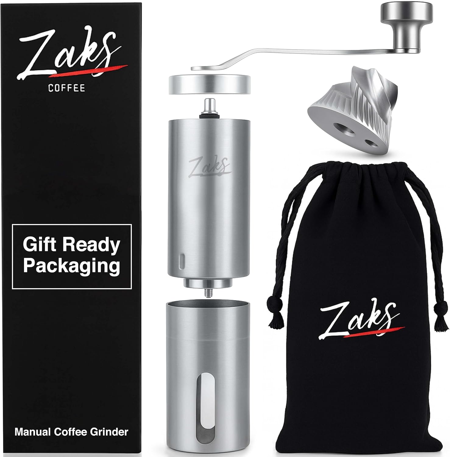 ZaksCoffee Manual Coffee Grinder Stainless Steel Core – Hand Coffee Grinder with 11 Adjustable Settings, Durable Handle and Knob, Portable and Quiet Design for Travel or Home Brewing