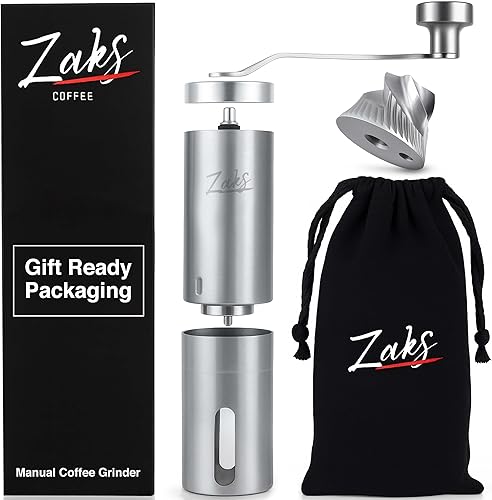 ZaksCoffee - Molinillo de café manual con núcleo de acero inoxidable, molinillo de café de mano con 11 ajustes ajustables, mango y perilla