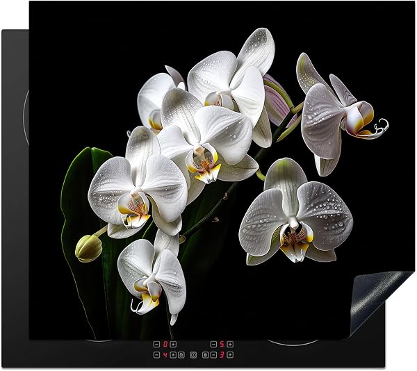 KitchenYeah Induction Hob Protector 60 x 52 cm Kitchen Decoration Protection for Protected Cooking Orchid – Flowers – White – Nature – Black - 1