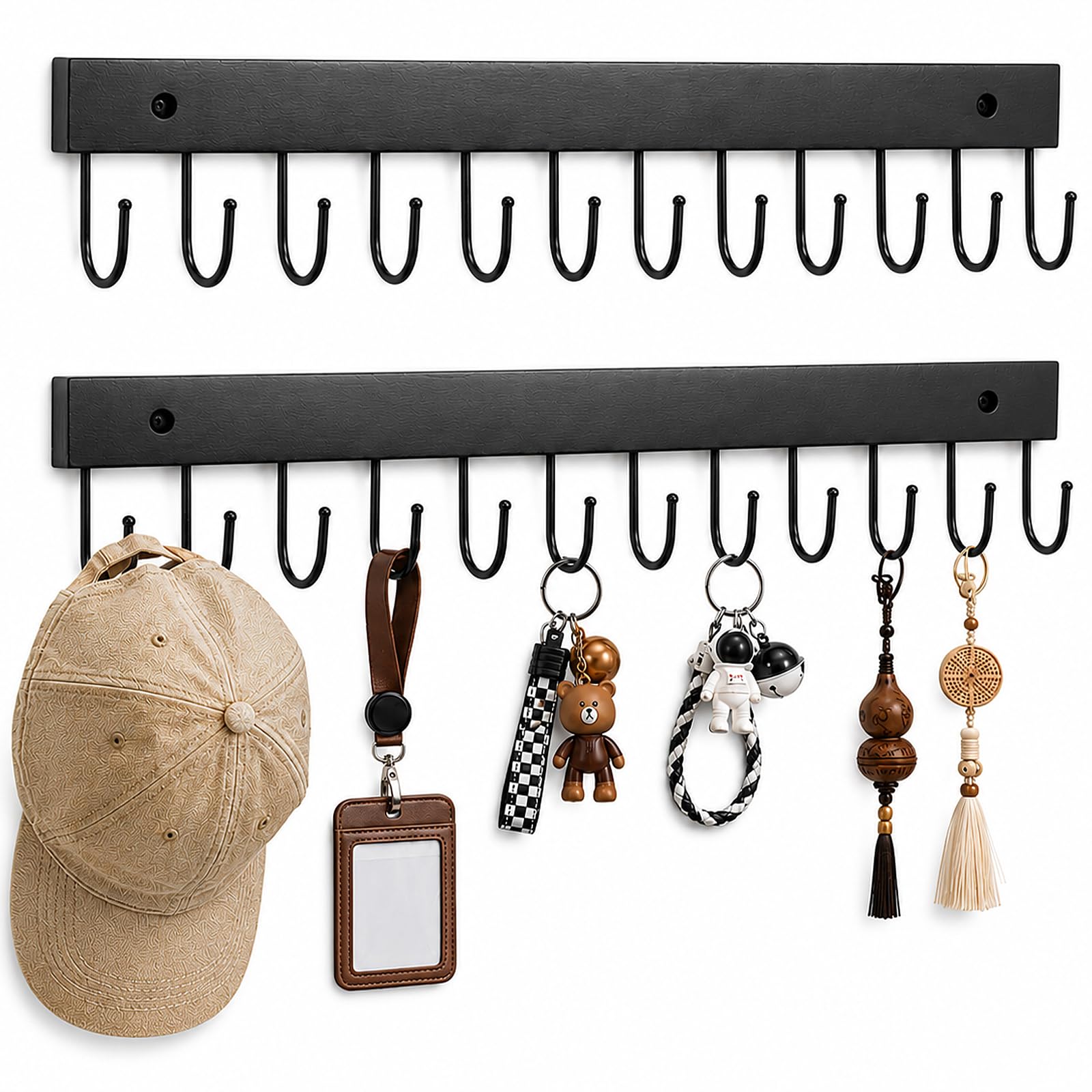 UNIFUN 12 Hooks Key Rack 2-Pack Wall Mount Heavy Duty Wood Organizer