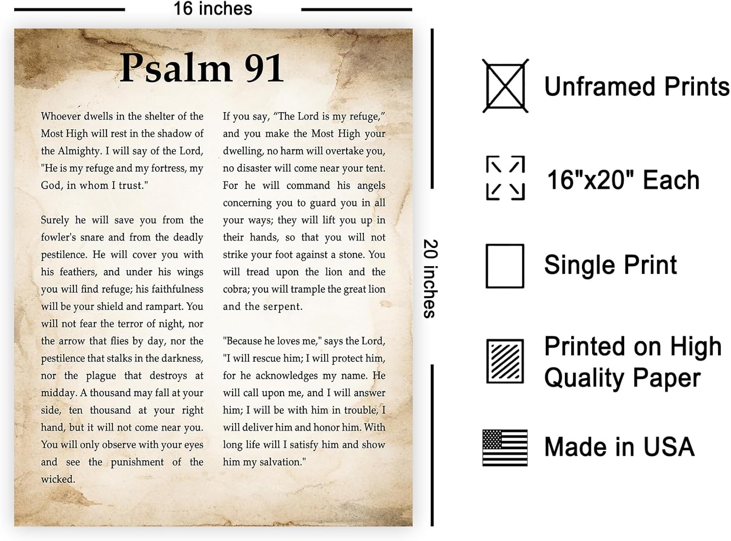 Poster Master Psalm 91 Print - Bible Verse Poster - Scripture Art - Inspiring Gift for Men, Women - Religious Christian Decor for Chapel, Living Room, Office - 16x20 UNFRAMED Wall Art