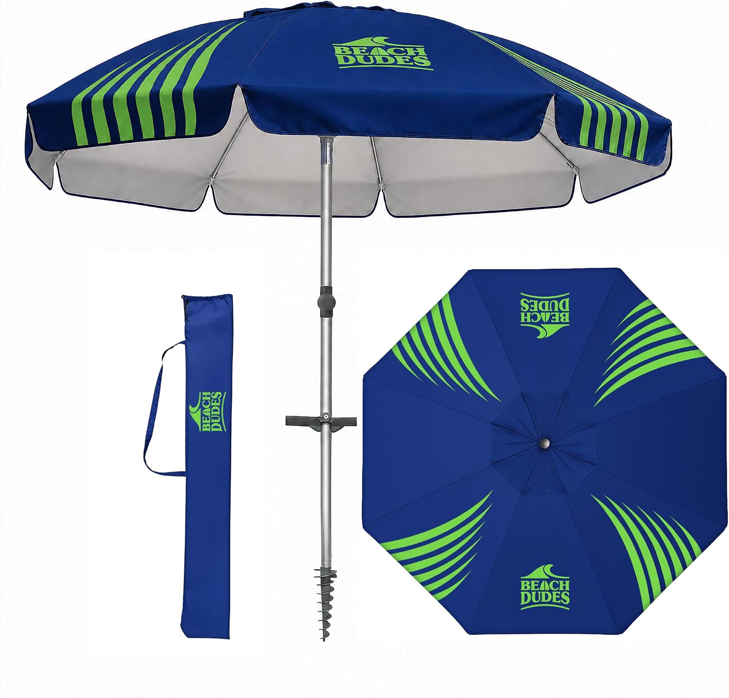 8FT Premium Beach Umbrella with 4-Point Wind Mitigation System - Heavy Duty Fiberglass Ribs, Integrated Anchor - 50+ UPF Double Vent - Pro Stability Series