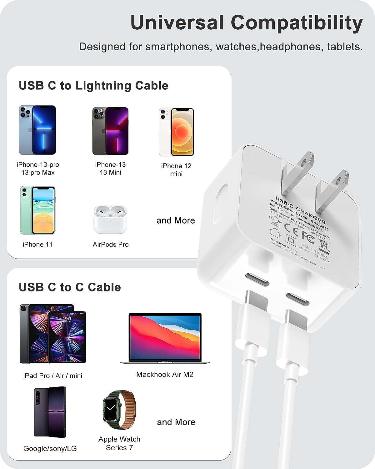 [Apple MFi Certified] iPhone 14 Faster Charger, 35W Dual USB-C Wall Charger, Foldable 35W Dual USB-C Port Power Adapter with 2 Pcs Type C to Lightning Cable for iPhone 14 13 12 Max, MacBook Air, iPad