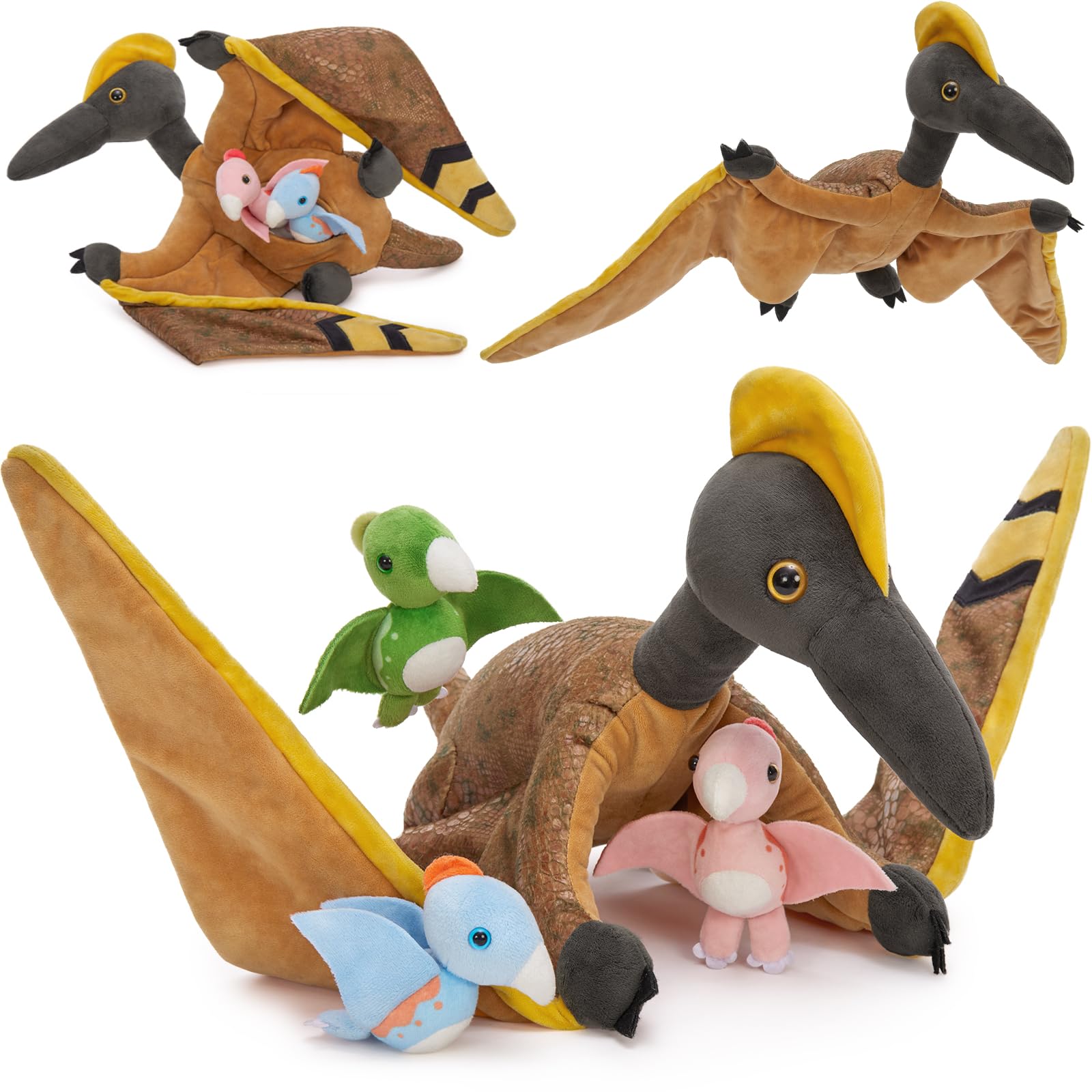 MaoGoLan 4 Pcs Pterodactyl Stuffed Animal with 3 Babies Inside Belly, 37 inch Pterodactyl Plush for Kids Giant Dinosaur Toy Dino Squad Party Favors
