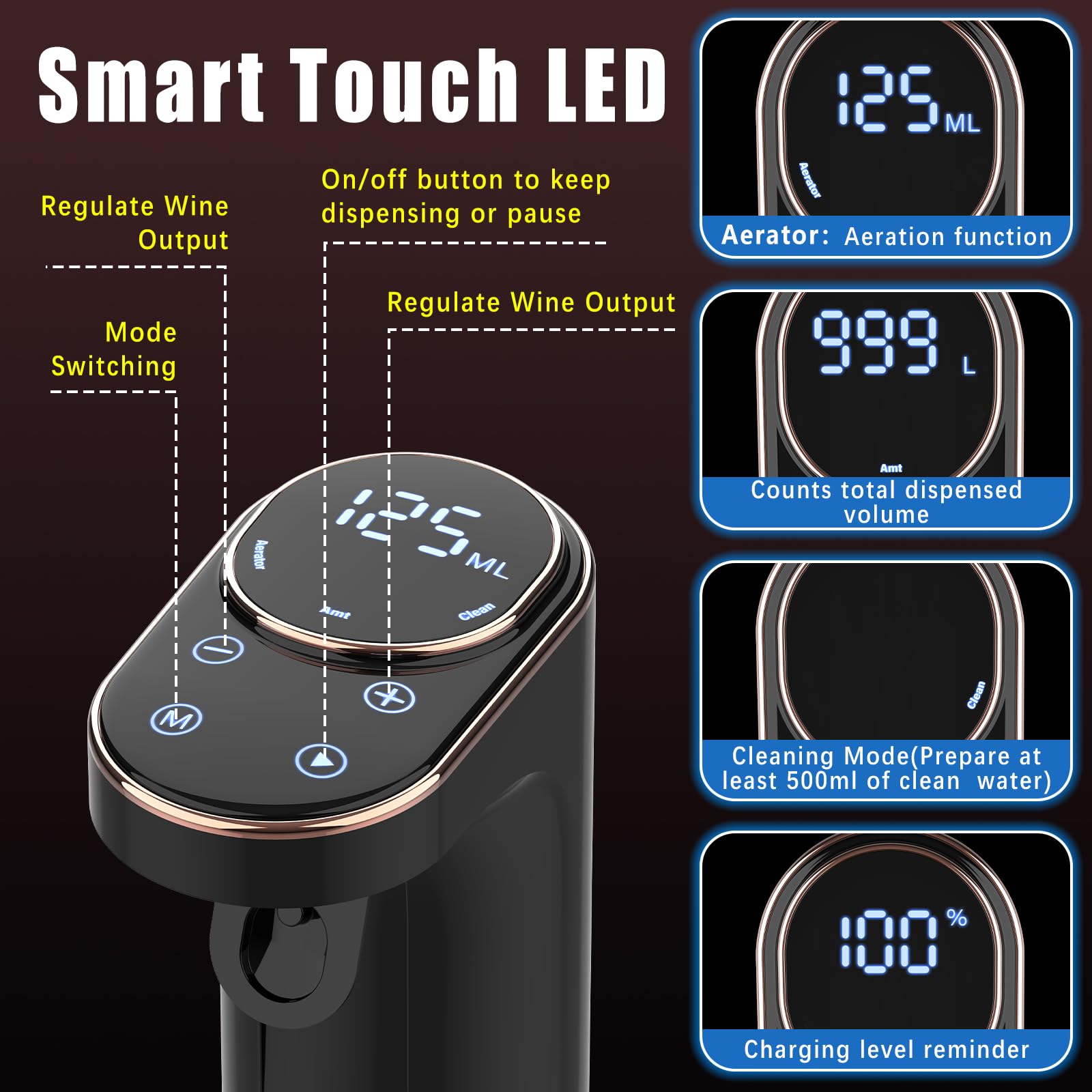 Aérateur de vin électrique, distributeur de vin rechargeable et décanteur, bec verseur quantitatif de 1 à 999 ml, autonettoyant et écran tactile LED, bec verseur automatique pour les amateurs de vin