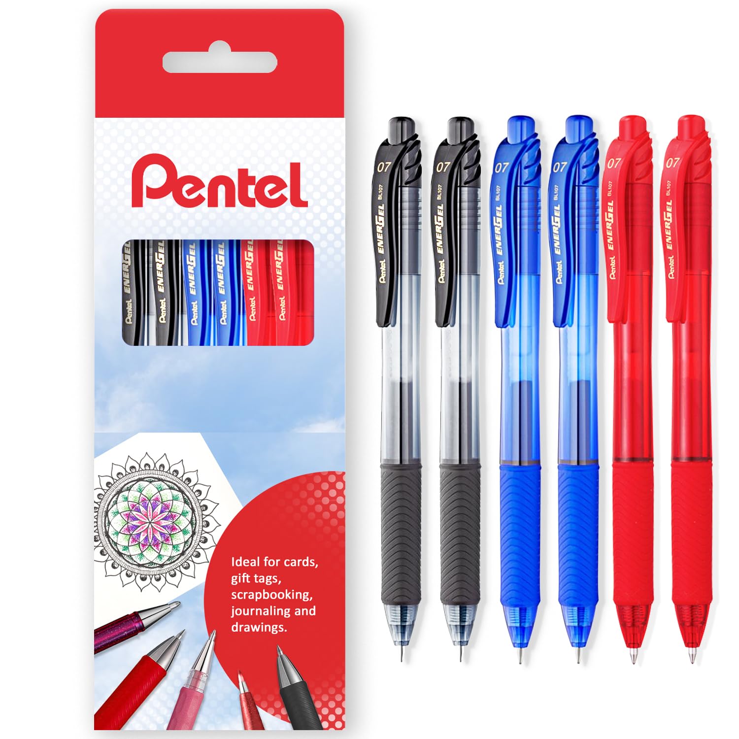Pentel Energel X BL107 Retractable Gel Rollerball Pens - 0.7mm Nib - Pack of 6 in Gift Box (Multicolor)