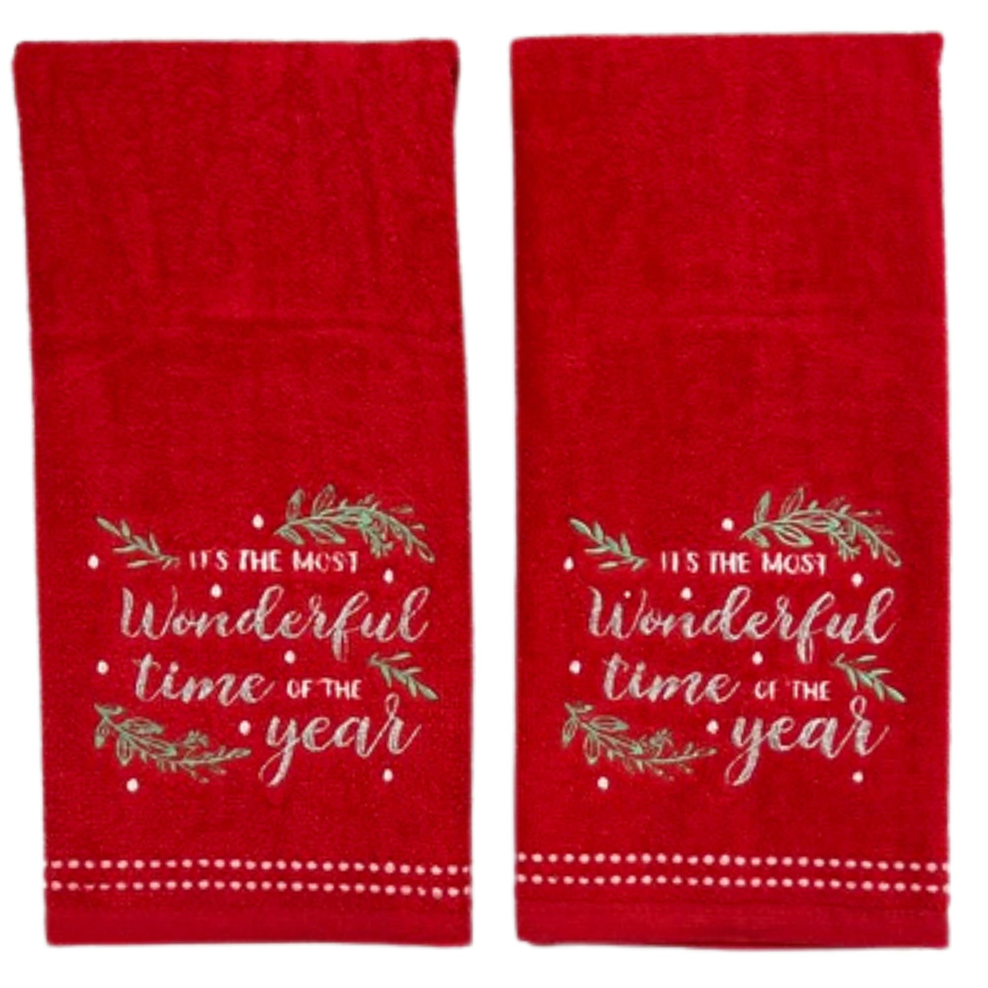 Christmas Bath Hand Towels, 16 x 25 inches, 100% Cotton, Set of 2, Red with Embroidered 'It's The Most Wonderful Time of The Year'