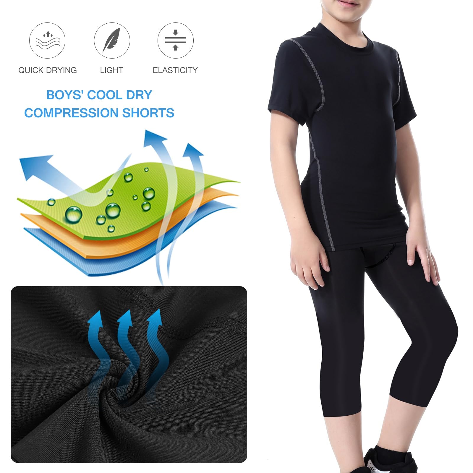Hotfiary 2 Pack Boys 3/4 Leggings Youth Kids Basketball Compression Pants Sport Running Tights Athletic Baselayer Quick Dry
