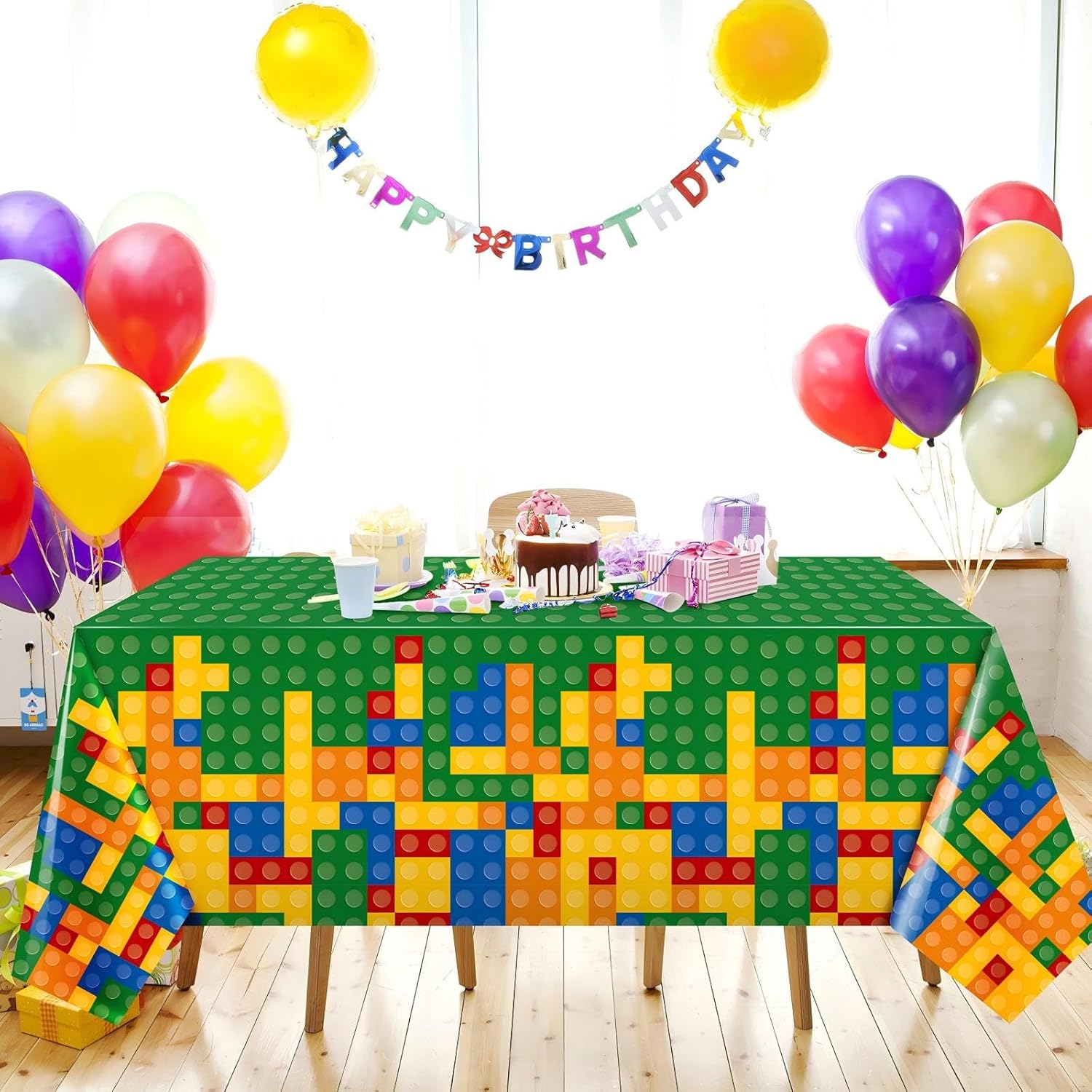 Oudain 4 Pcs Building Block Tablecloths - Colorful Birthday Party Decorations 54 x 108 Inch Disposable Plastic Brick Table Cover - Waterproof Themed Party Supplies (Multicolor)