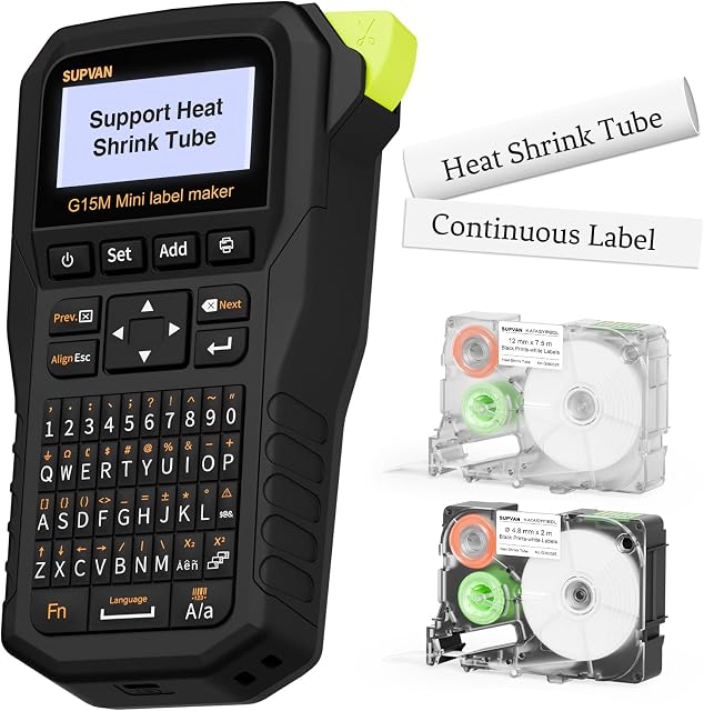 SUPVAN G15M Mini Portable Label Maker Machine with Heat Shrink Tube, Rechargeable 1200mAh Battery Thermal Transfer Printer, Compatible with Multi-Type Label, Home, Garage, Office & Outdoor