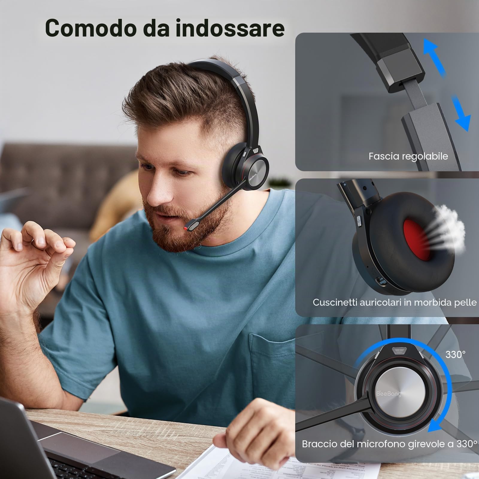Cuffie wireless per PC, Mono 5.2, Bluetooth con microfono e dongle USB, 30 ore di conversazione, cuffie wireless per casa, ufficio, computer, team, zoom, laptop, ufficio, call center telefono