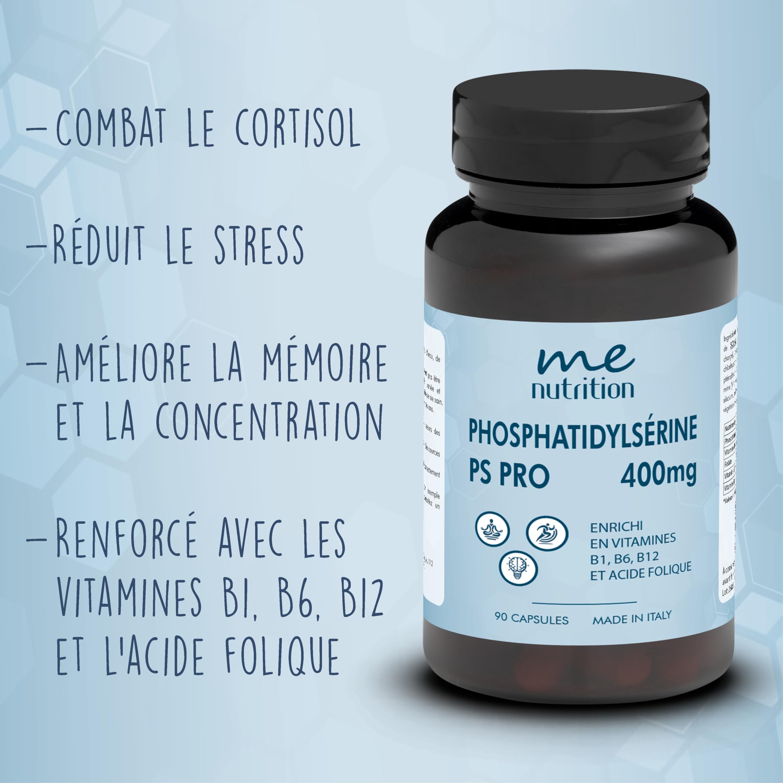 Phosphatidylsérine pure 400 mg combat le cortisol, 90 capsules améliore la mémoire et la concentration, réduit le stress supplément nootropique avec des vitamines B1 B6 B12 Acide folique Me Myeasy