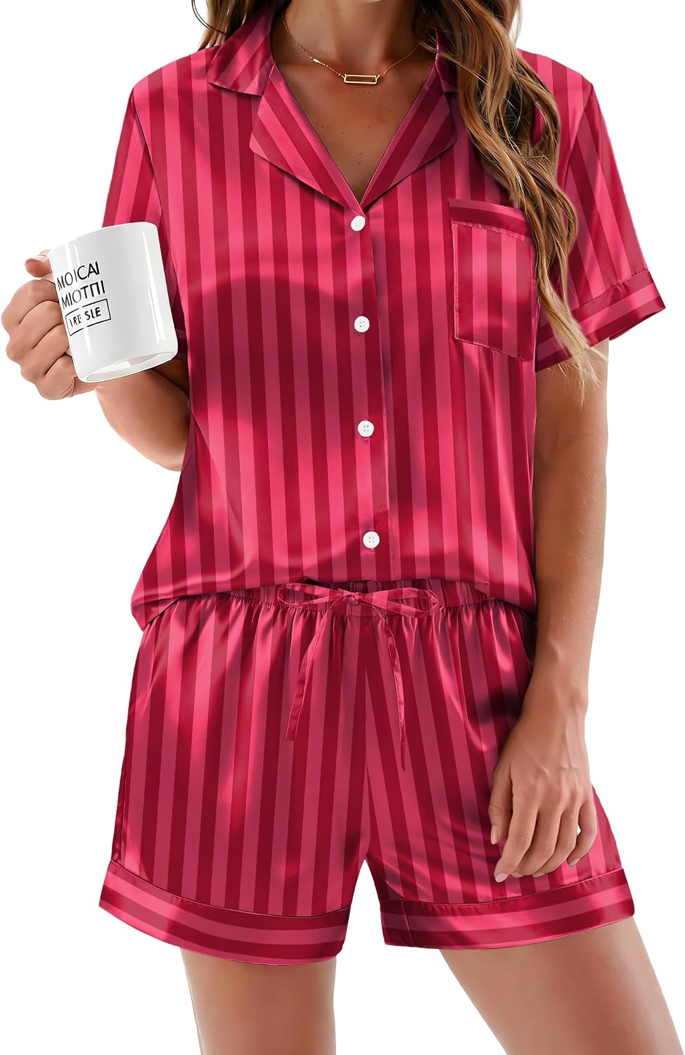 Ekouaer Womens Silk Satin Pajamas Sets 2 Piece Short Sleeve Sleepwear Button Down Top and Shorts Pjs Lounge Wear Sets