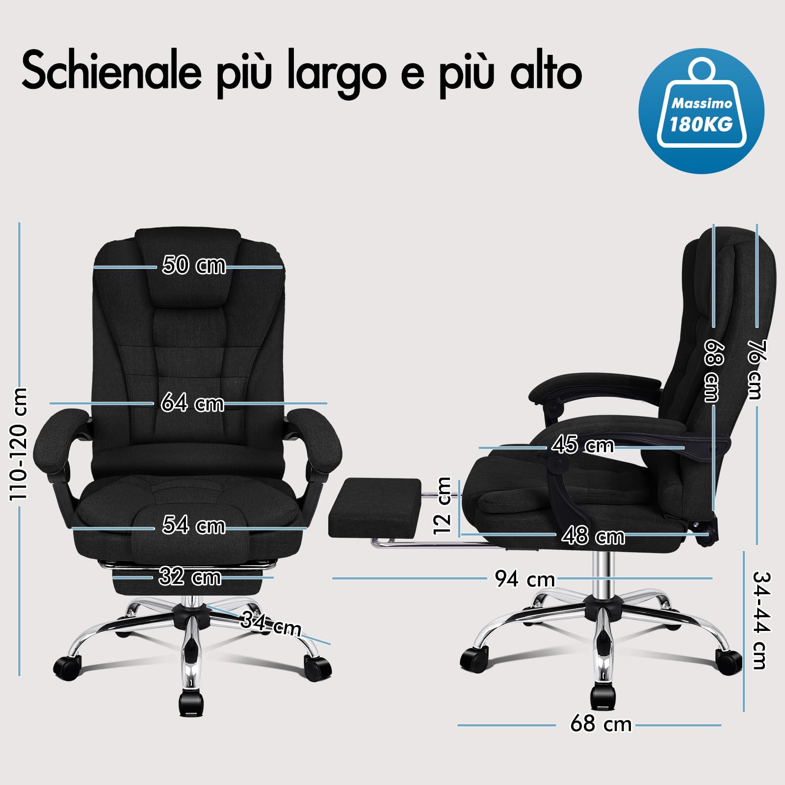 ALFORDSON Sedia Scrivania con Massaggio, Sedia Ufficio Ergonomica con Sedile riscaldato, Supporto Lombare e Poggiapiedi, Poltrona Girevole per Ufficio e Studio Sala Riunioni, Tessuto(Nera)
