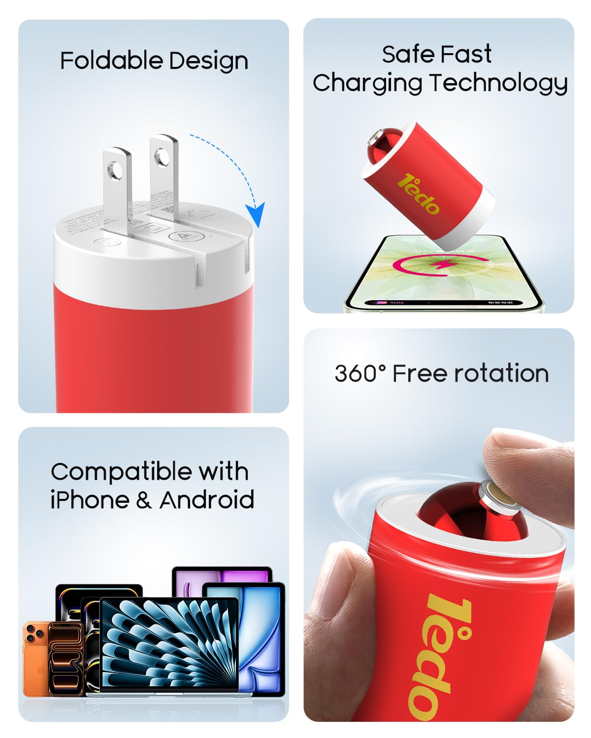 Magnetic for iPhone Charger, 1°edo GaN 30W Fast USB C Charger Block, PD 3.0 QC 4.0 Foldable with 6FT Cable Magnetic Fast Charger for iPhone 17/16 and More Series, Samsung Galaxy, iPad (Red) - 3