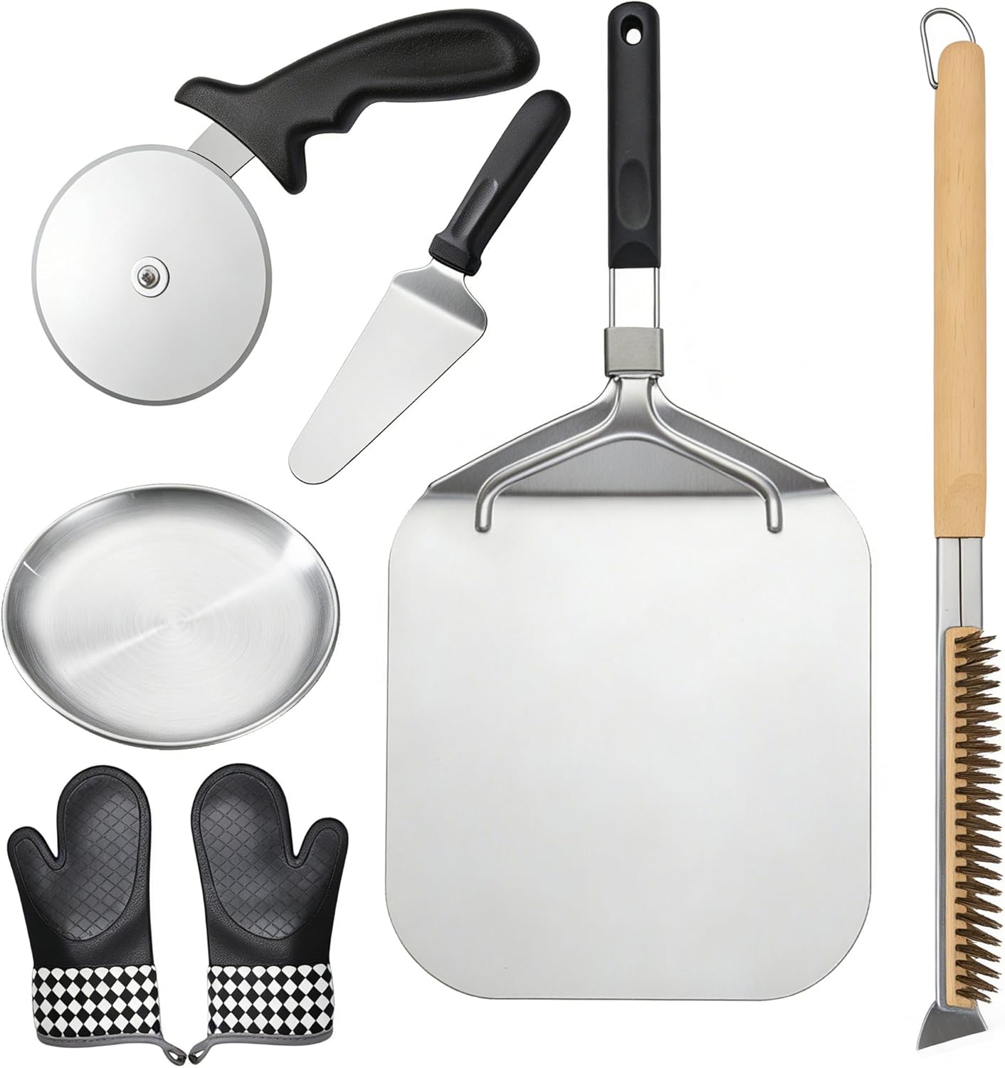 12 Inch Foldable Pizza Peel Kit - 6Pcs Aluminum Spatula, Cutter, Pan, Server, Oven Mitts & Brush for Home Baking